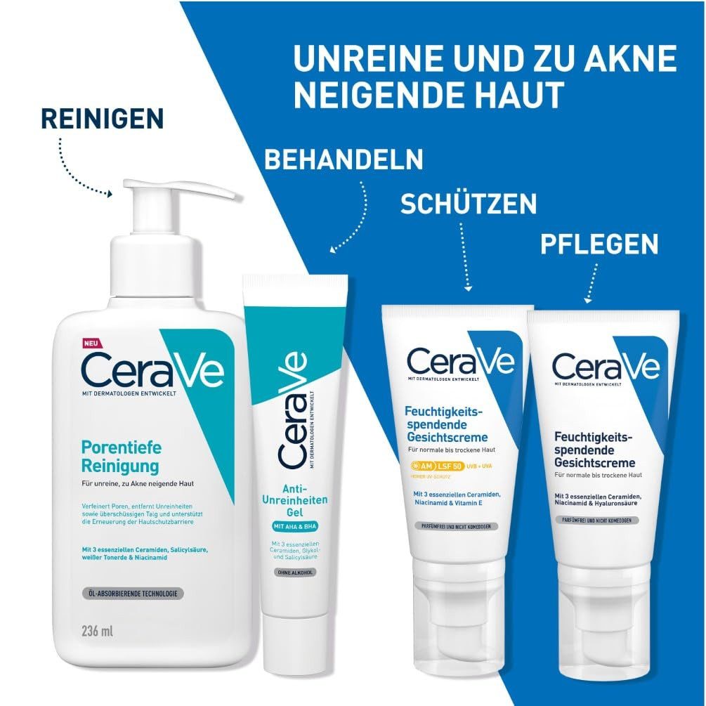 Cerave Gesichtspflege porentiefe Reinigung Gel 236 ml, gegen unreiner, zu Akne neigender Haut