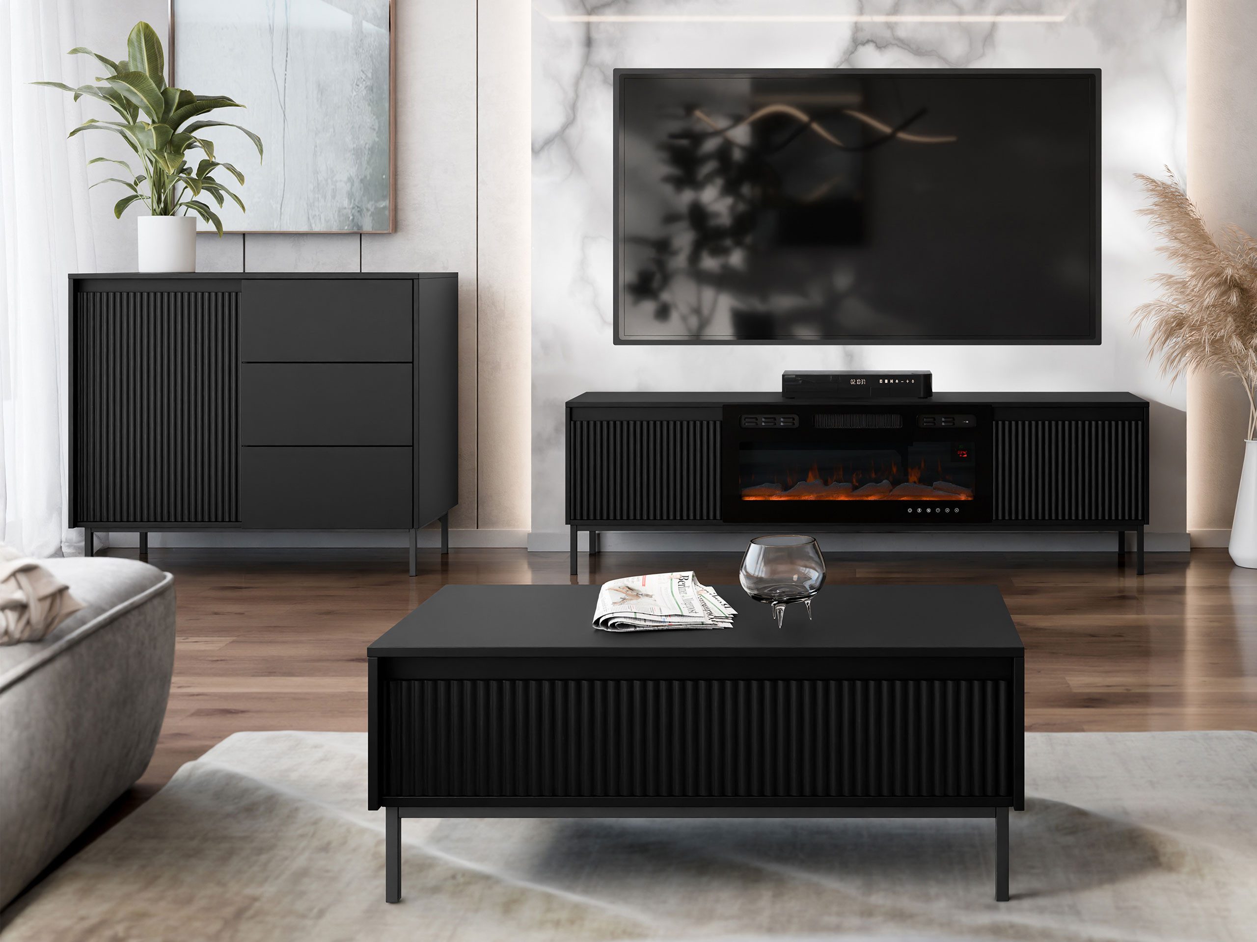 MIRJAN24 Wohnzimmer-Set Ozmi IV, (Kommode, TV-Lowboard mit Kamin, Couchtisch), Realistische LED-Flamme