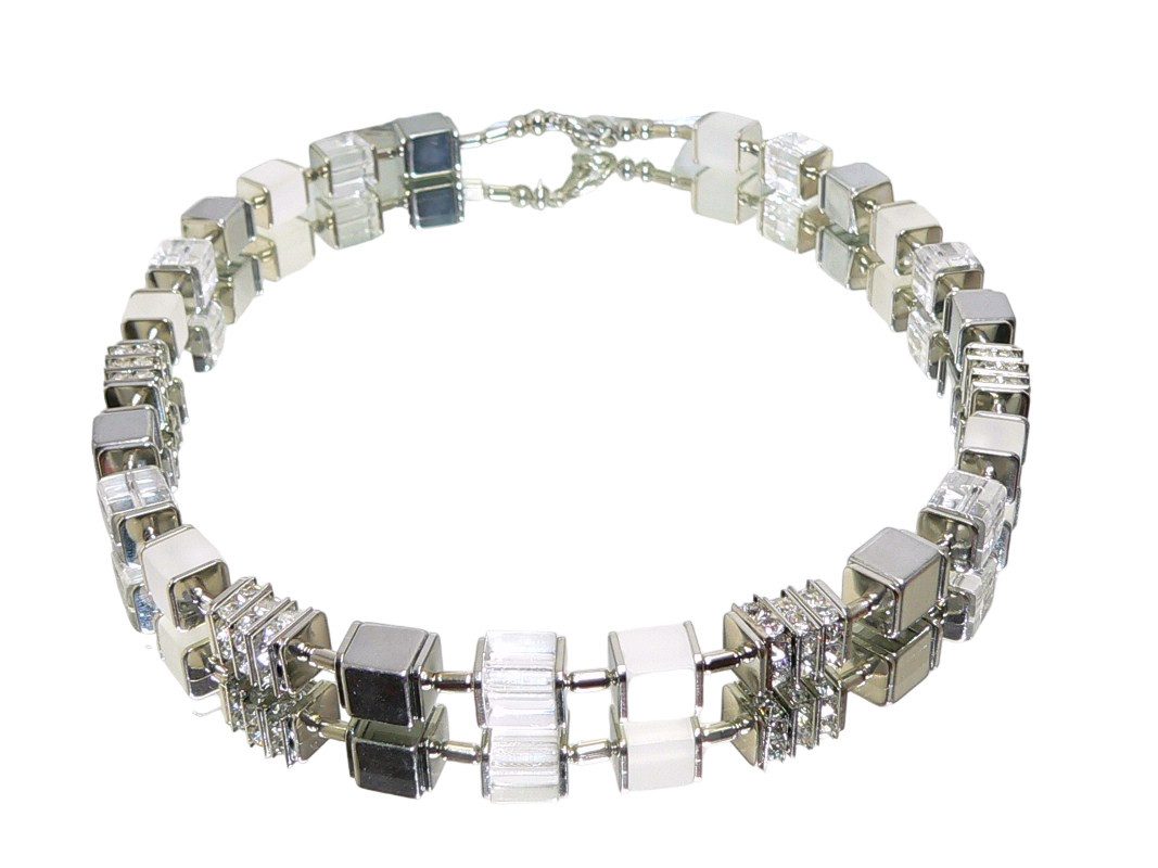 traumschmuck Collier 092g Collier Halskette Würfel Glas Hämatit Strass weiss silberfarben (Geschenk, Muttertag, Weihnachten, Geburtstag, Valentinstag, inkl. Schmuckbox), handgefertigt, made in Germany, einreihig