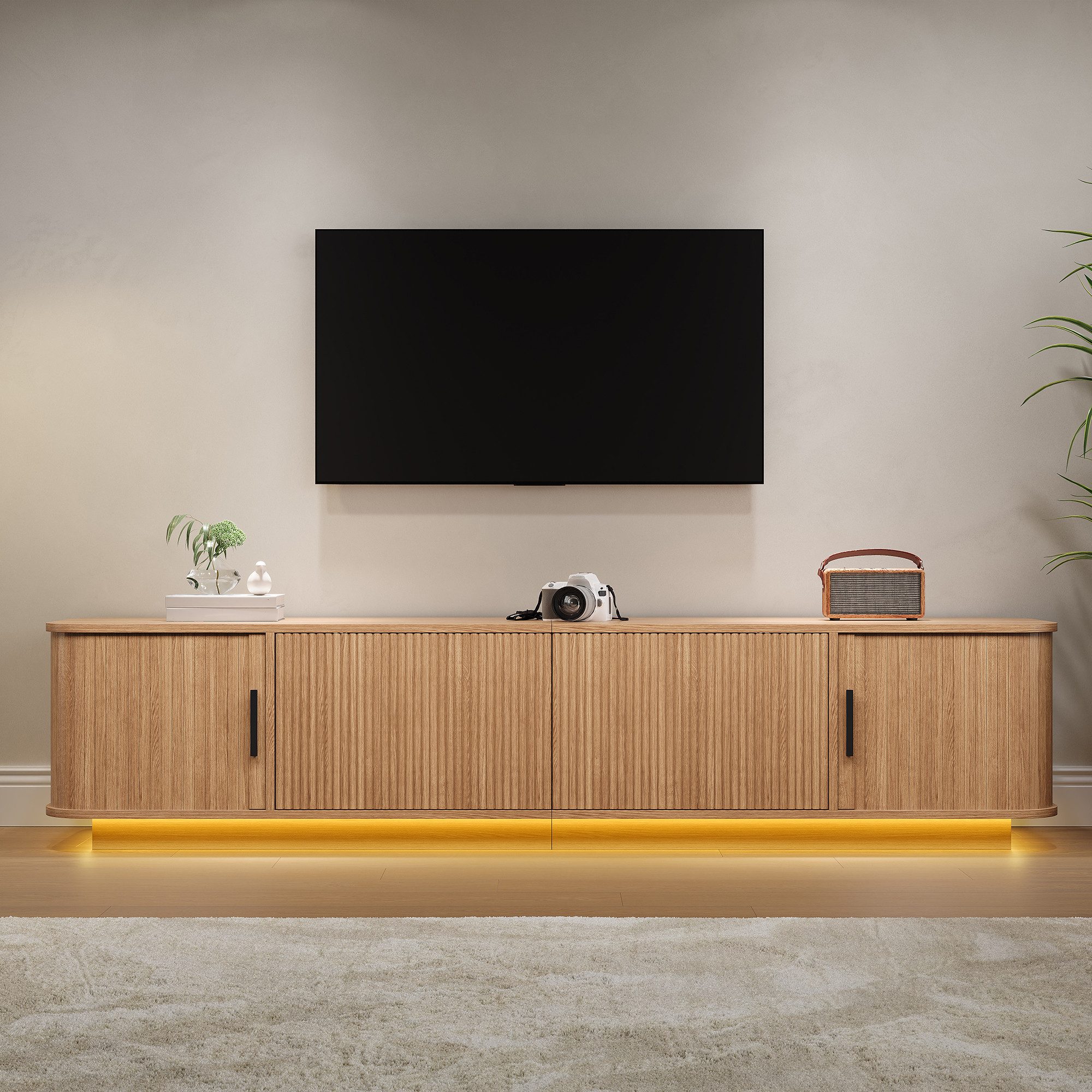 BlingBin TV-Schrank 180x40x40 cm TV-Lowboard Fernsehschrank mit LED-Beleuchtung (2 Packung, 1-St., 2 Schubladen und 2 Schiebetüren,Staufächern,geriffelter Front) Abgerundetes Seiten,Platzsparenden,Modern Retro