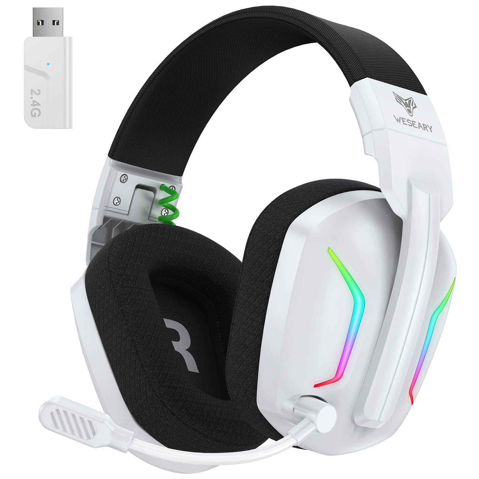 WESEARY 2,4G Wireless 50 Stunden Akkulaufzeit für PS5, PS4, PC, Switch, Mac Gaming-Headset (Kabellos, Bluetooth, 2,4 GHz USB-Dongle, Noise Cancelling, Surround Sound, LED-Beleuchtung, faltbar, mit Mikrofon - Surround Sound Noise Cancelling Kopfhörer LED Licht)