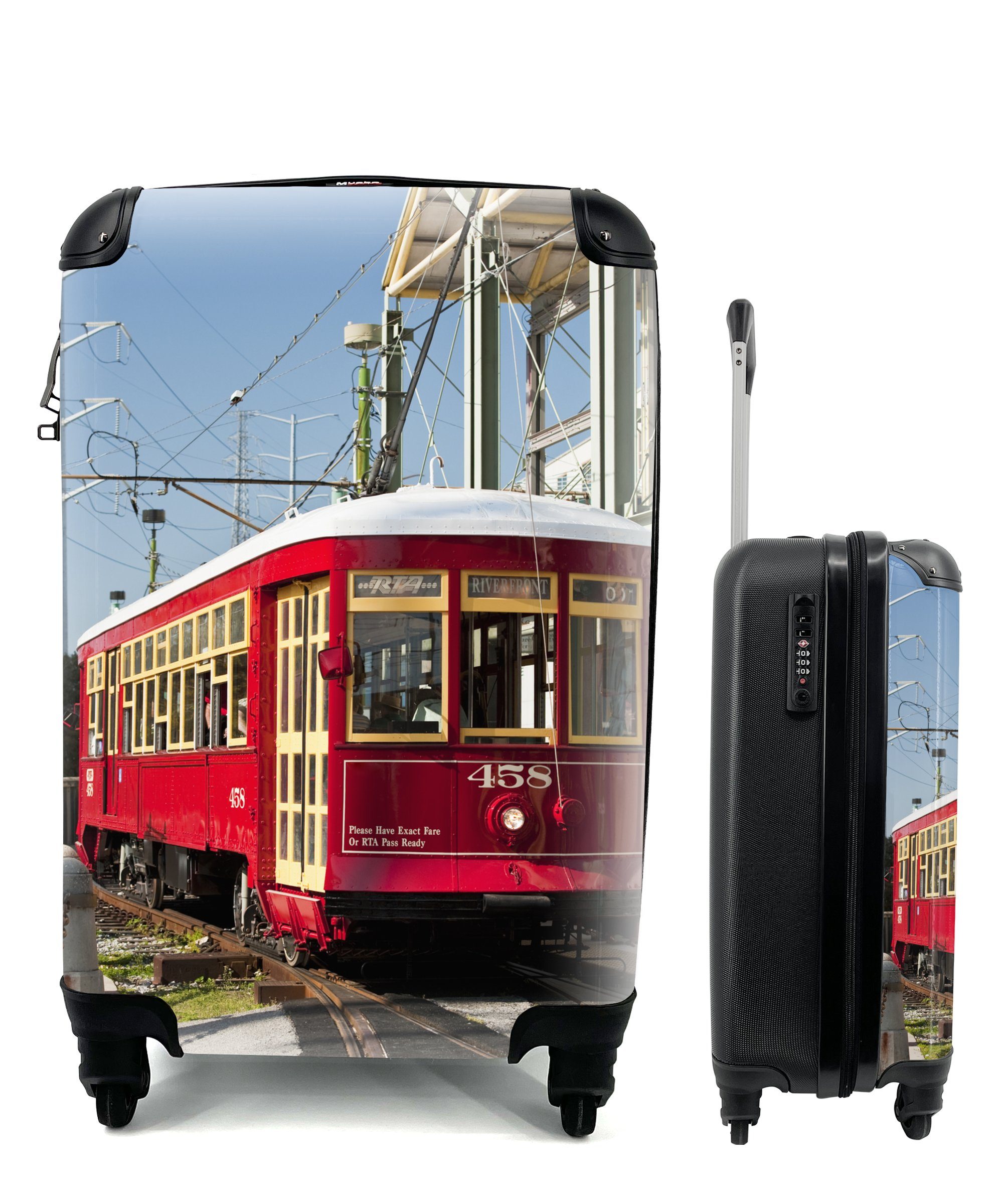 MuchoWow Handgepäckkoffer Eine rote Straßenbahn mit Menschen in New Orleans, 4 Rollen, Reisetasche mit rollen, Handgepäck für Ferien, Trolley, Reisekoffer