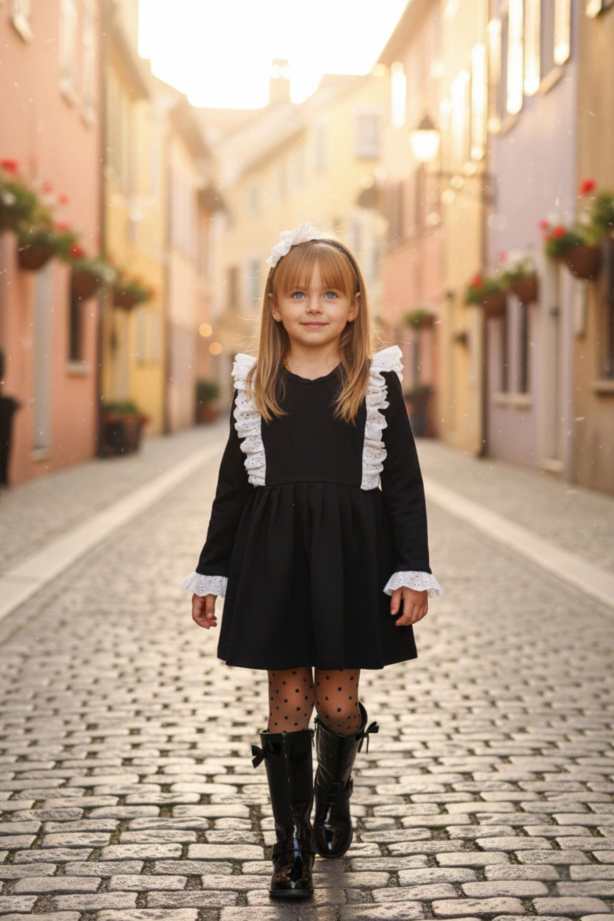 Parla Kids Kleid & Haarband Kleid Elena - Schwarzes Kleid mit Spitze, Rüschensaum und Haarband