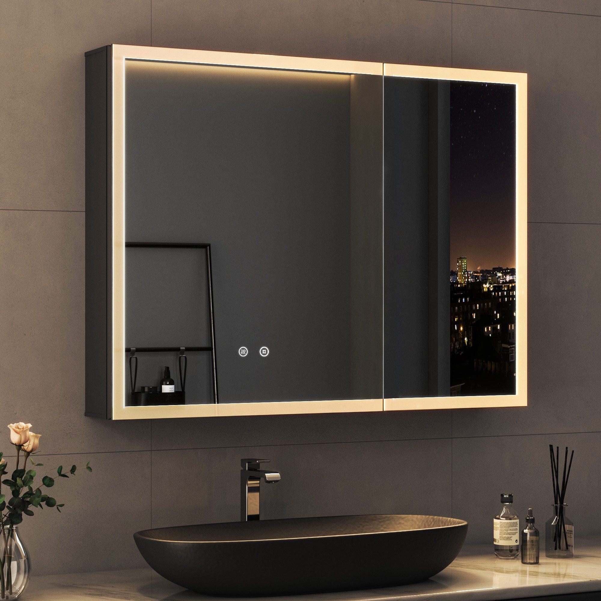 WDWRITTI Badezimmerspiegelschrank LED Spiegelschrank Schwarz Aluminum günstig online kaufen