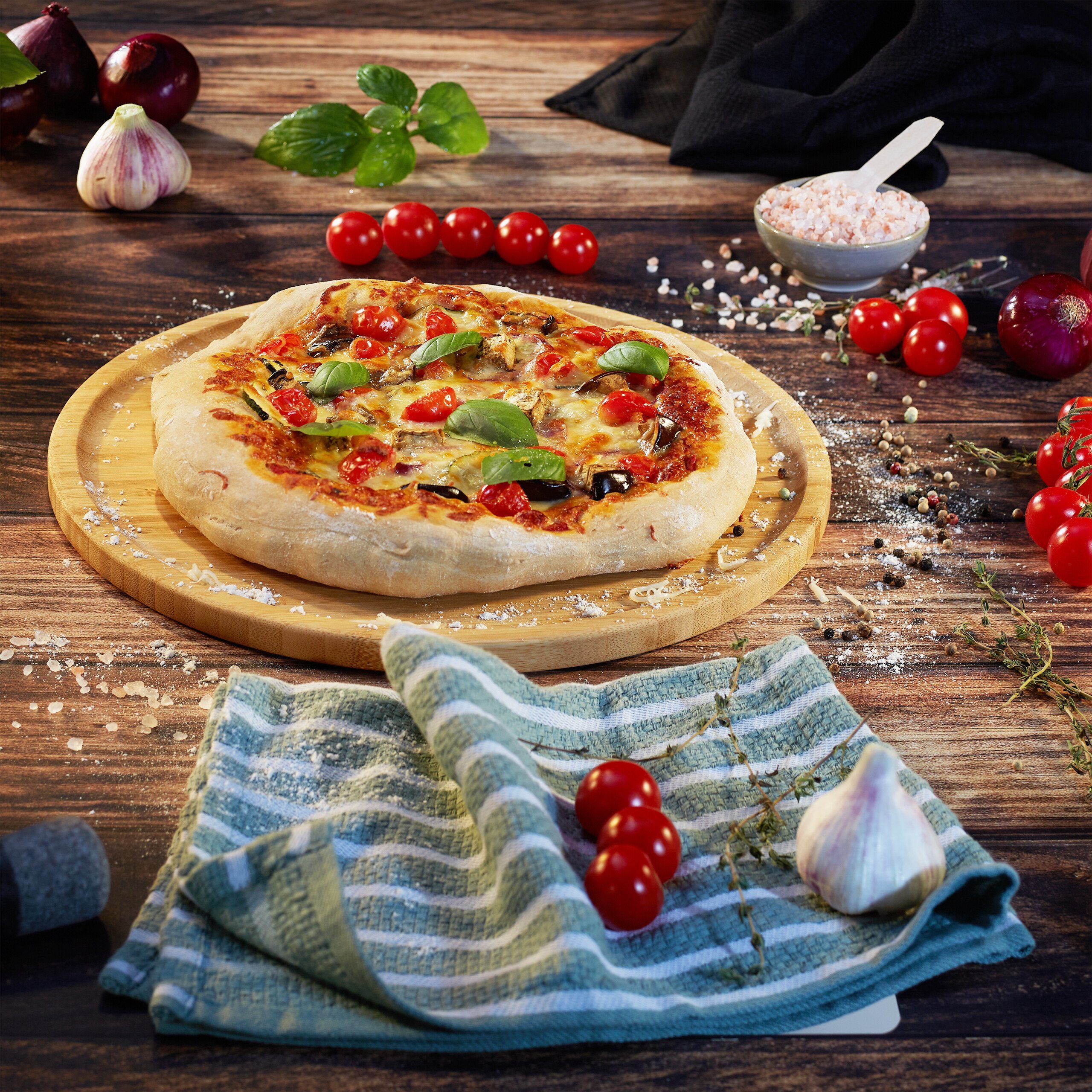 relaxdays Pizzateller Bambus Pizzateller im 4er Set