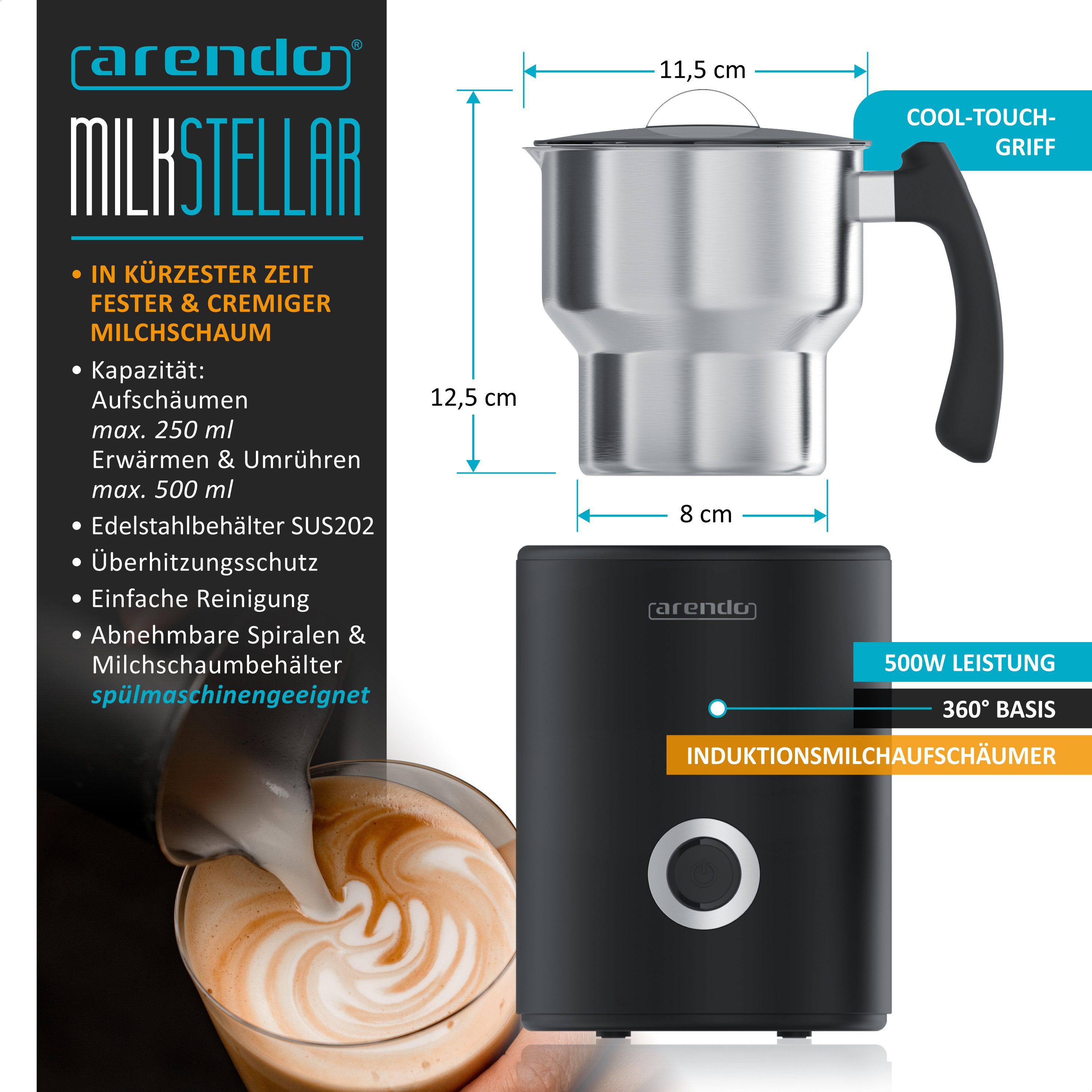 Arendo Milchaufschäumer 3in1 Induktion, warm & kalt Schaum, 400ml, Edelstahl, Latte Art, Milk, 500 W, spülmaschinengeeignet, Milch, Hafermilch, Kakao, Füllskala, Elektrisch