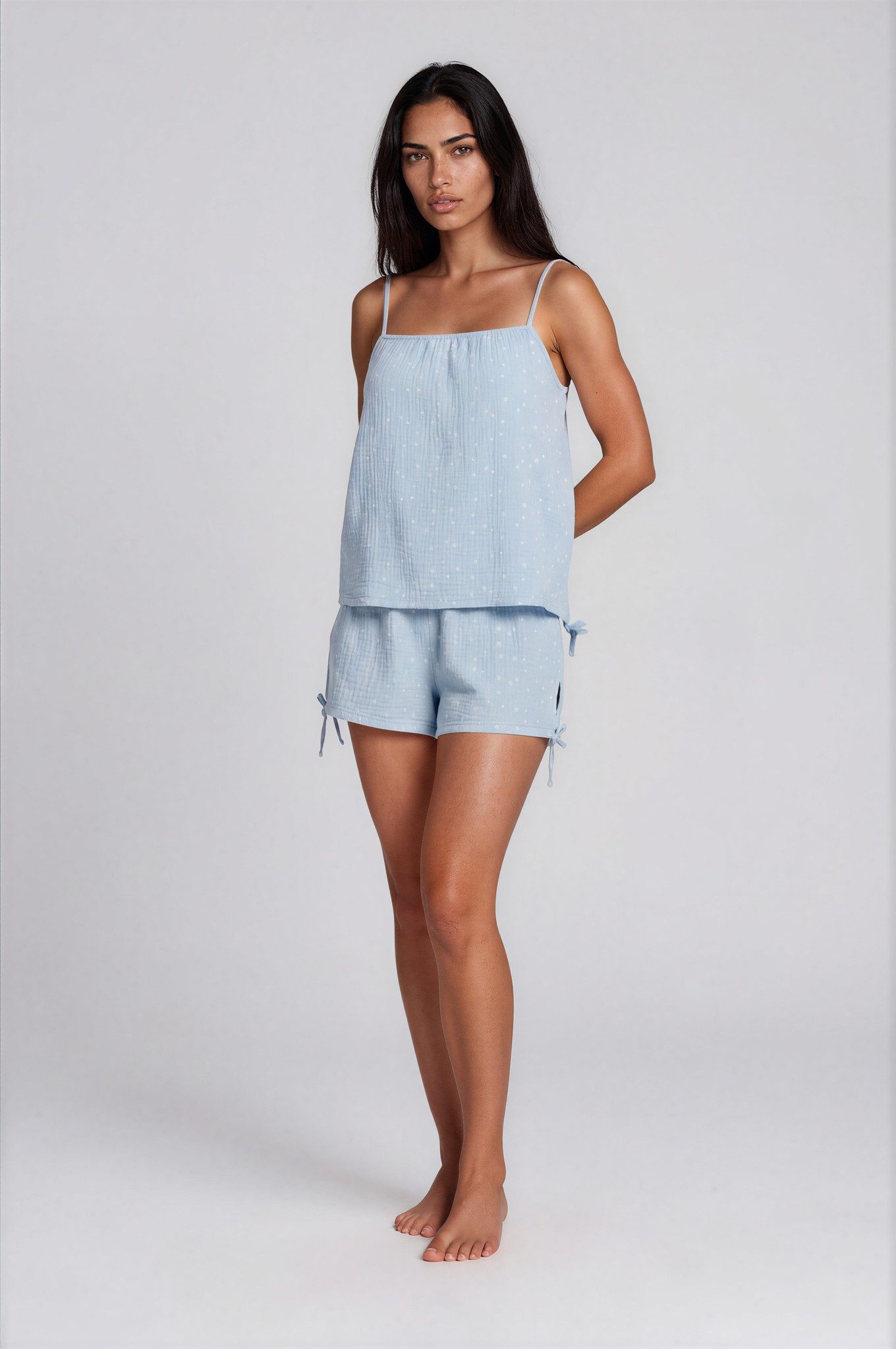 Mademoiselle Sommeil Shorty Damen Musselin Pyjama – Schlafanzug aus 100 % Baumwolle (Set, 2 tlg) mit Spaghettiträger-Top & Raffdetails