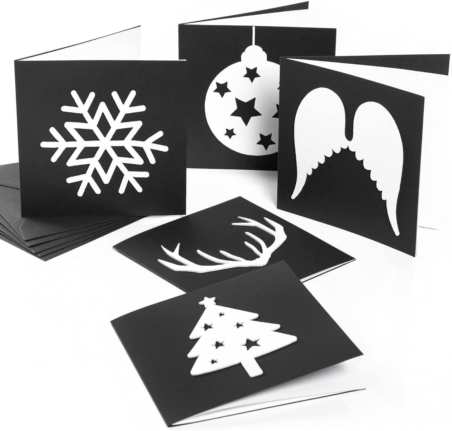 LogbuchVerlag Klappkarte 5 Weihnachtskarten schwarz weiß glitzernd + Kuvert