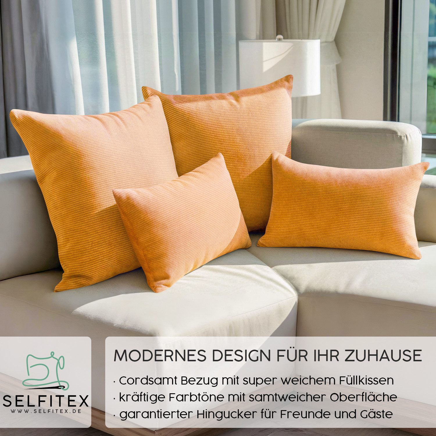 Selfitex Dekokissen 4er Set Cord Kissen inkl. Füllkissen, 2x 50x50 & 2x 30x50, robuster Bezug mit satten Farben, weiches Füllkissen