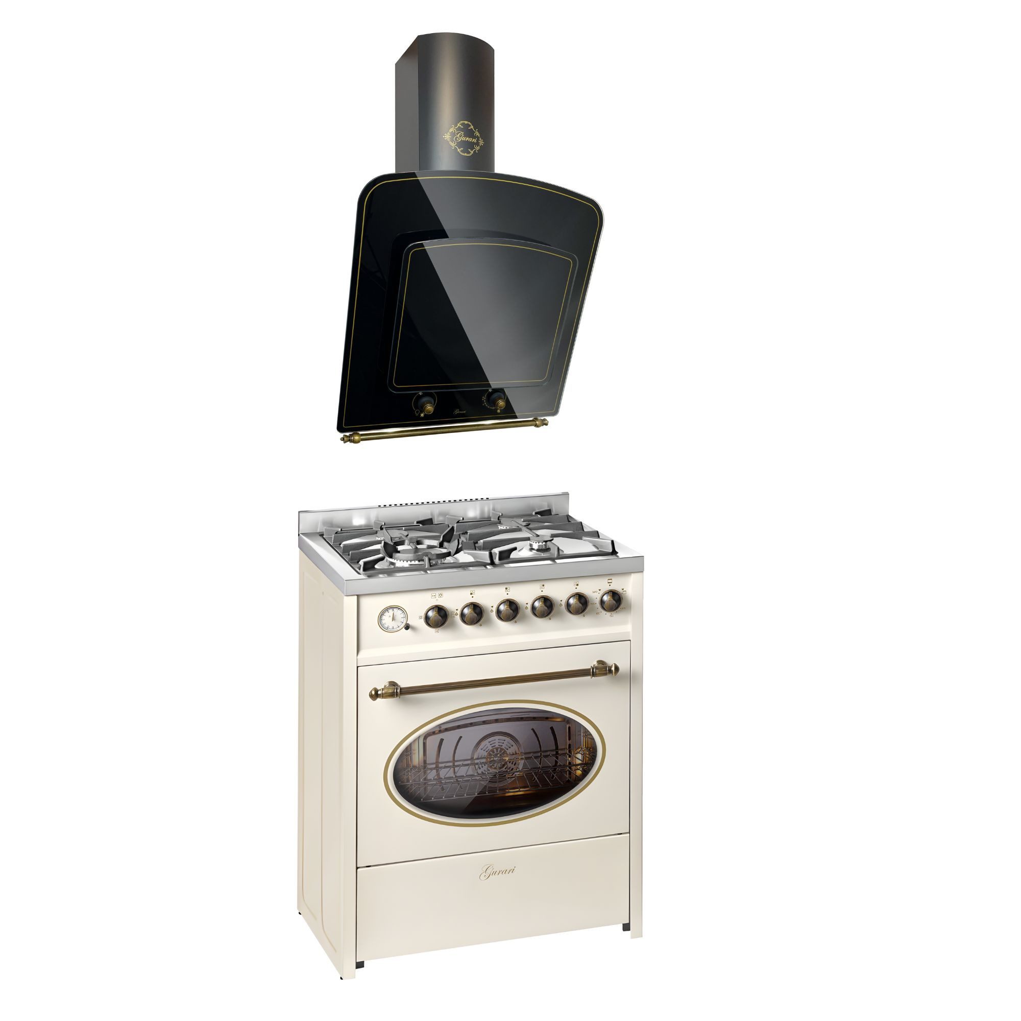 GURARI Gas-Standherd Retro Gas Elektro Standherd 60 cm Erdgas Fl.Gas 4 Kw WOK, 8 Funktionen+Dunstabzugshaube 60 cm E 614 Cr r+GCH S 142 60 BL N, mit 1-fach-Teleskopauszug