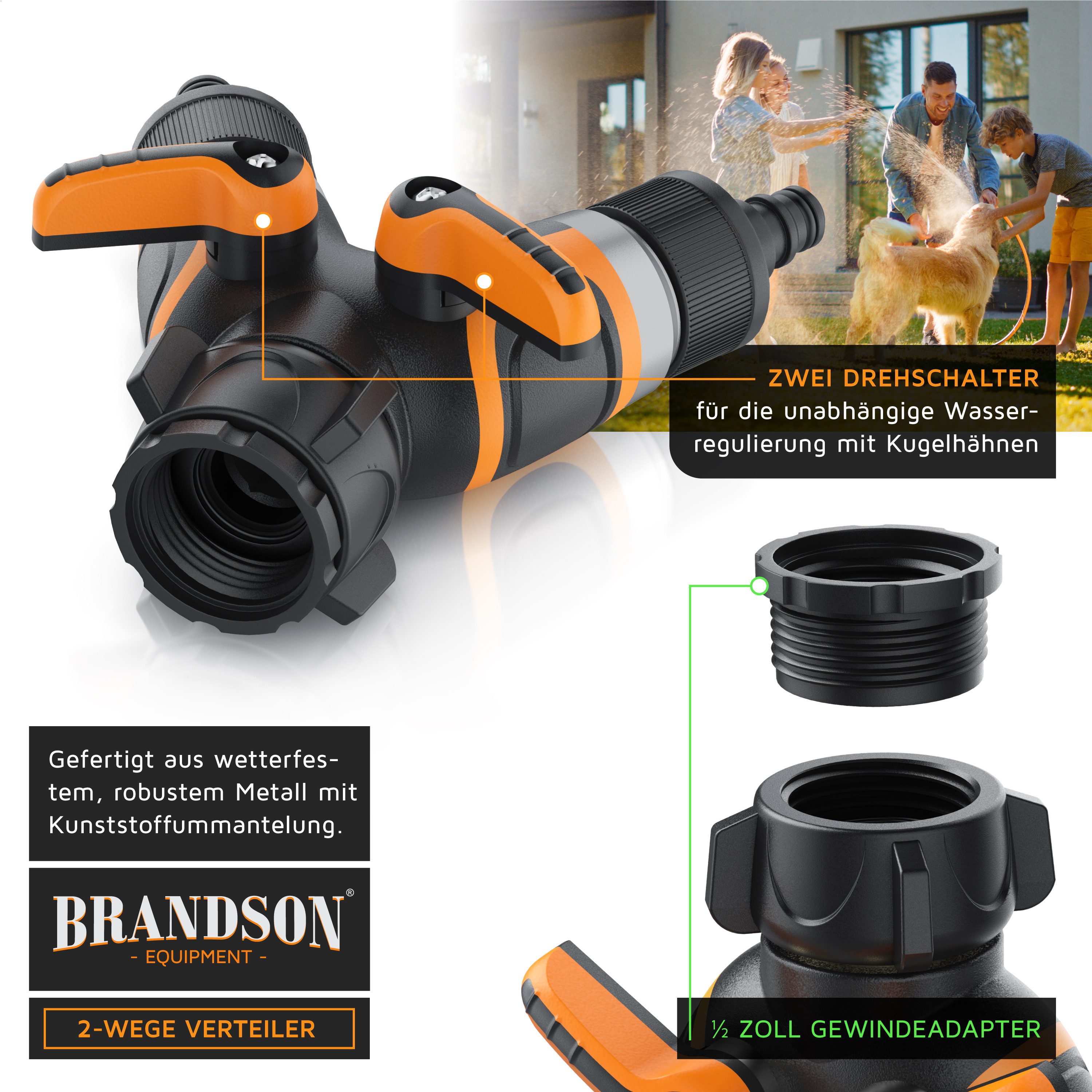 Brandson 2-Wege Verteiler 2-fach Wasserverteiler, Gartenschlauch Schlauchverteiler, 3/4 Zoll, (2-tlg), Regulierbarer Wasserhahn Schlauch Verteiler für Gartenbewässerung
