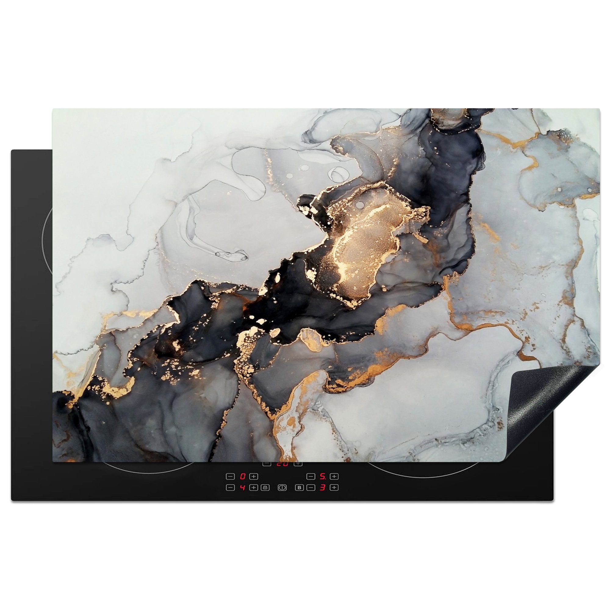 MuchoWow Herdblende-/Abdeckplatte Schwarz - Marmor - Luxus - Gold, Vinyl, (1 tlg), 81x52 cm, Induktionskochfeld Schutz für die küche, Ceranfeldabdeckung