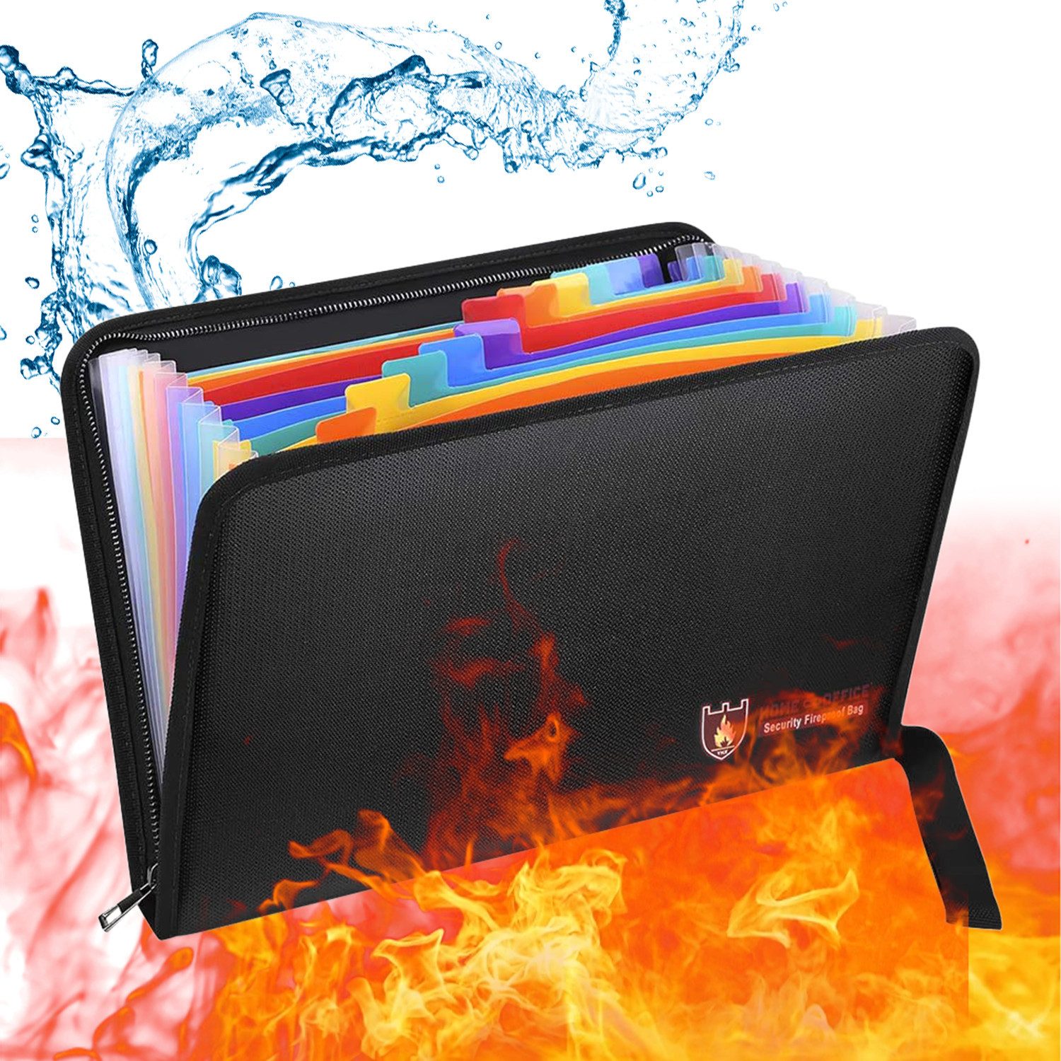 MOPUEA Dokumententasche Dokumentenmappe Papier Ordner Tragbares Akkordeon Fächermappe, Deckel (Feuerfeste Aufbewahrungstasche, 12 A4 Taschen, feuer- und wasserfest, doppelte Sicherheit), Schützt vor Feuer, Wasser, doppelte Verschlüsse, tragbar, robust