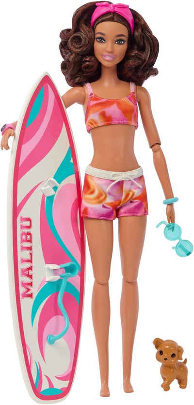 Barbie Anziehpuppe mit Surfbrett und Hündchen, beweglich, brünett