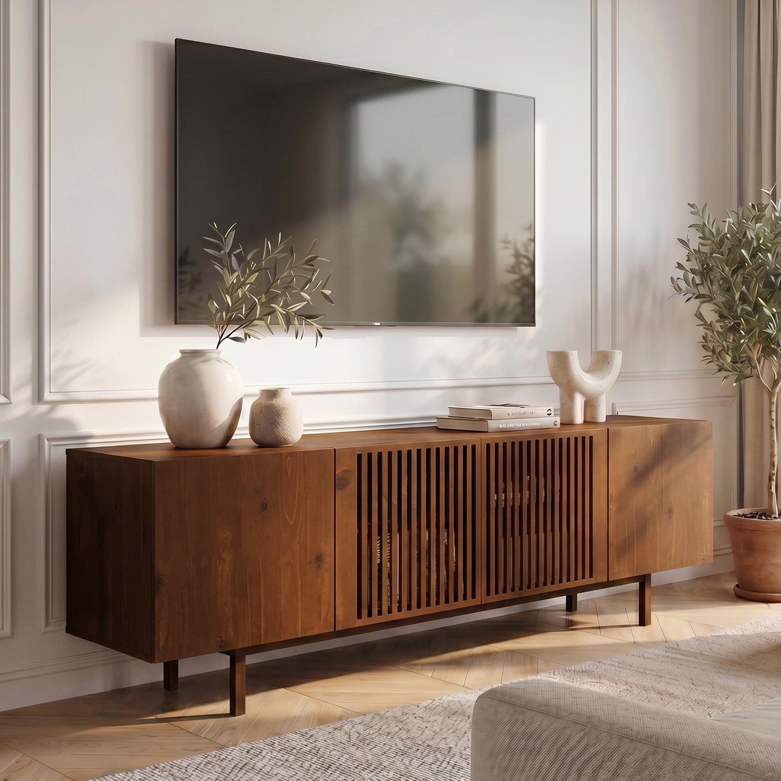 IDIMEX Lowboard LINN, Sideboard 180 cm aus Massivholz mit Lamellentüren Kastanie Finish