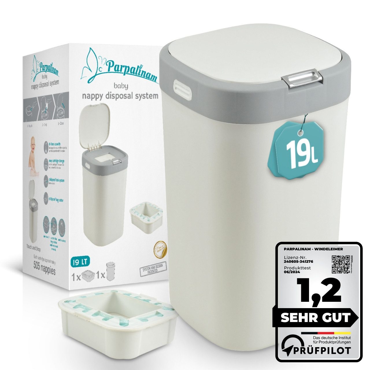 Parpalinam Windeleimer Windeleimer Baby Geruchsdicht Keimfrei mit 1 x Nachfüllkassette, 19 l, bis zu 505 Windeln