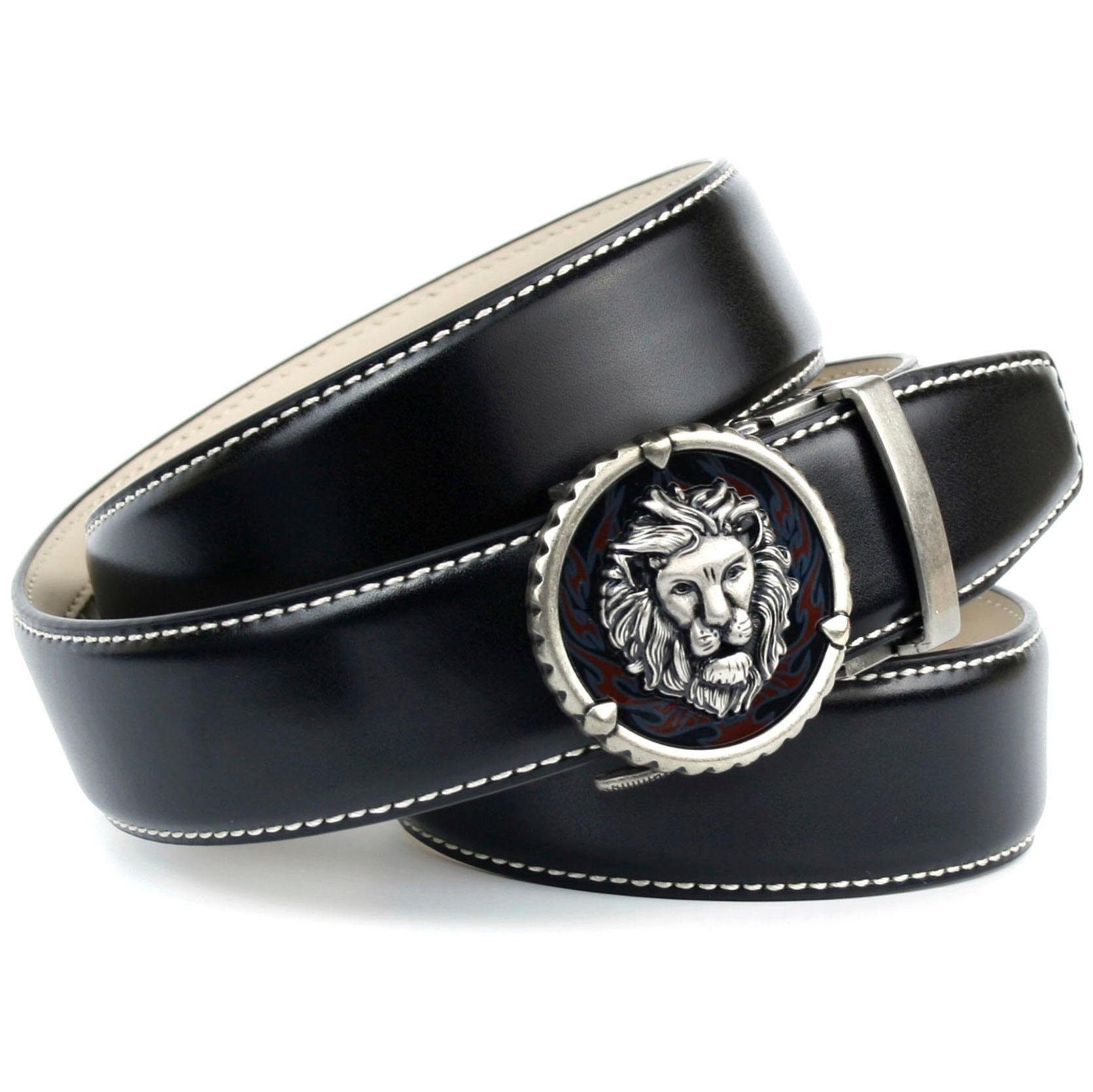 Anthoni Crown Ledergürtel in schwarz mit Kontrast Stitching in weiß,  Verpackung - Anthoni Crown Geschenkstoffbeutel | Anzuggürtel