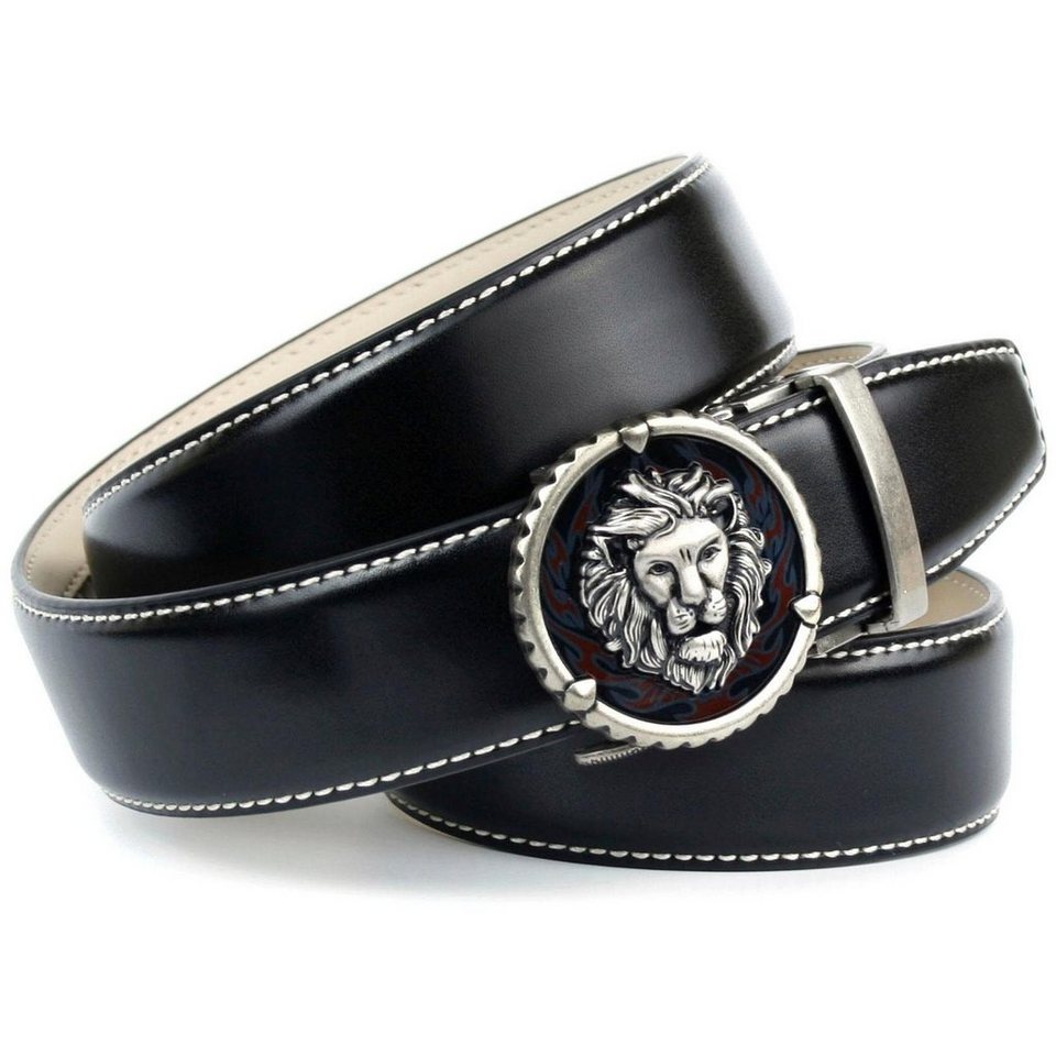 Anthoni Crown Ledergürtel in schwarz mit Kontrast Stitching in weiß,  Verpackung - Anthoni Crown Geschenkstoffbeutel