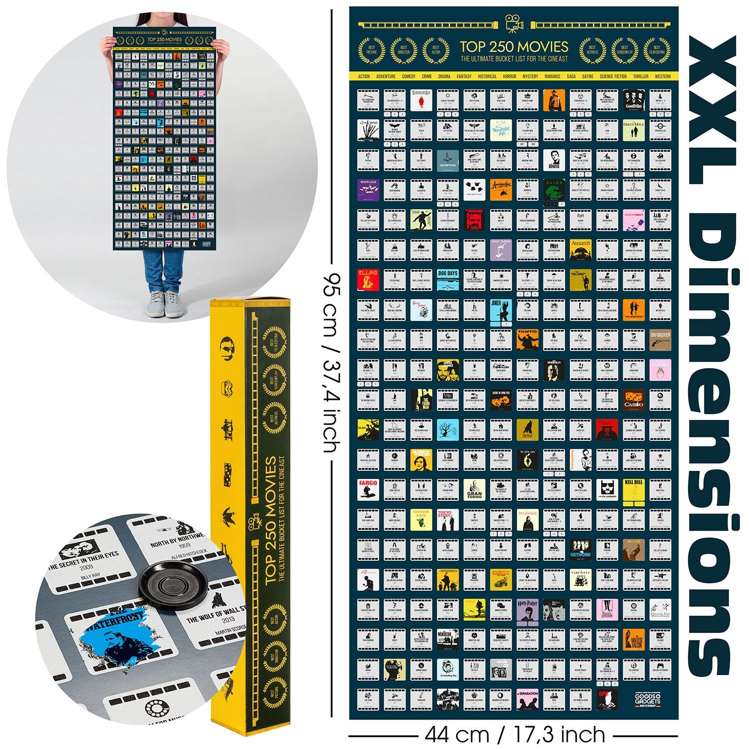 Goods+Gadgets Poster Top 250 Movie Bucket List, XXL Scratch Poster (Rubbelposter), Filmposter zum Rubbeln - Filme Ratgeber
