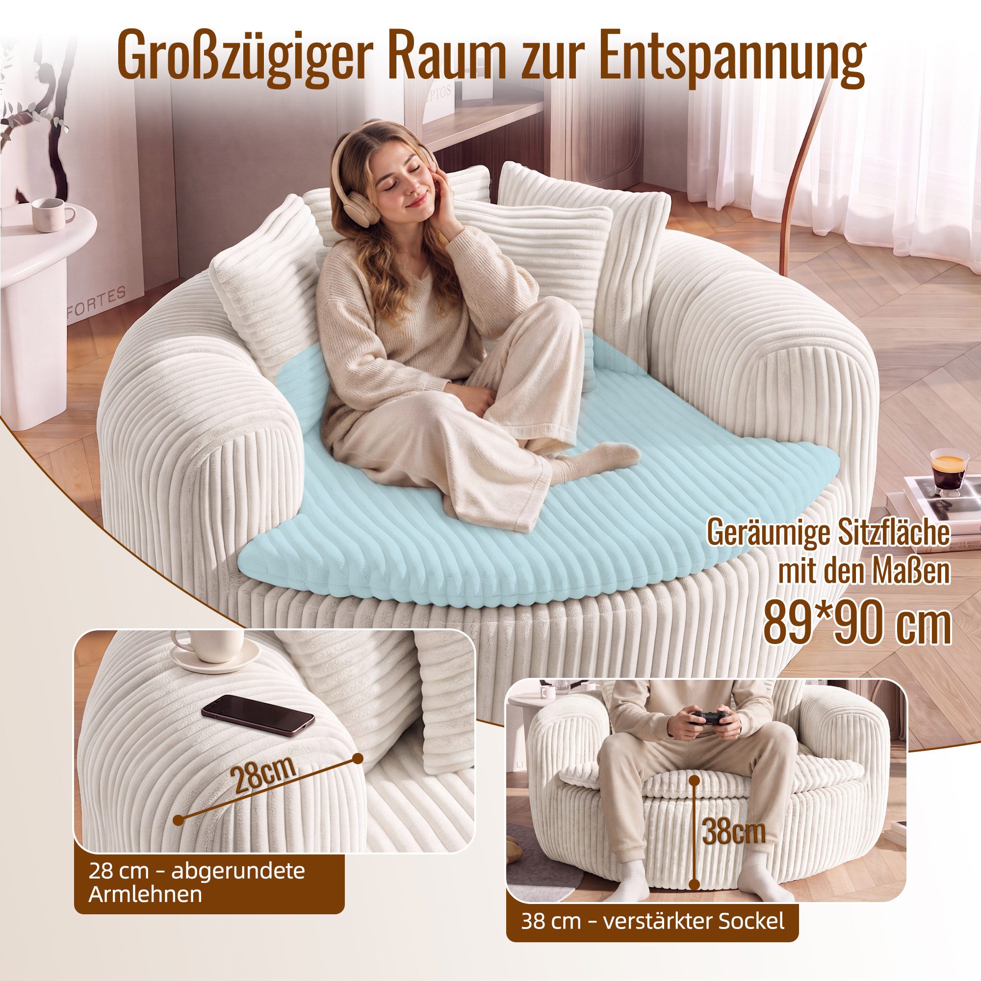 Celya Sitzsack mit gepolstertem tiefem Sitz und fünf Rückenkissen (Loungesessel für Erwachsene, extrabreite umschließende Armlehnen) – Bild 4 von 5
