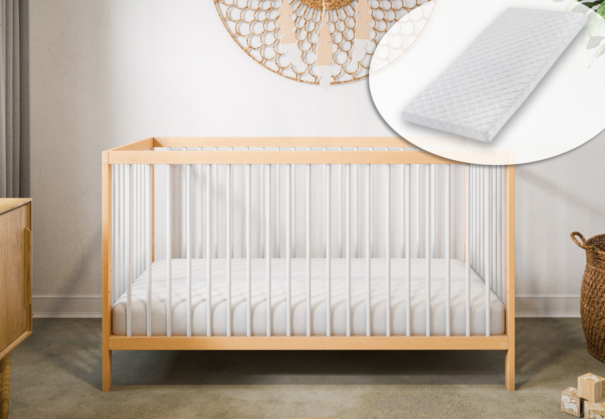 Kids Collective Kinderbett Babybett Gitterbett 60x120 und 70x140 cm herausnehmbare Sprossen (mit Matratze und herausnehmbare Sprossen ab Geburt bis zum 3. LJ), 70x140 cm in natur mix weiß
