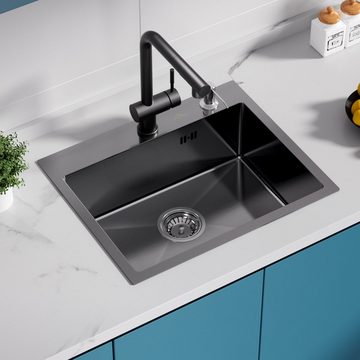Auralum Küchenspüle Edelstahl Einbauspüle Küchen Spülbecken 55x45cm mit Küchenarmatur, Ausziehbar Wasserhahn mit 2 Strahlarten