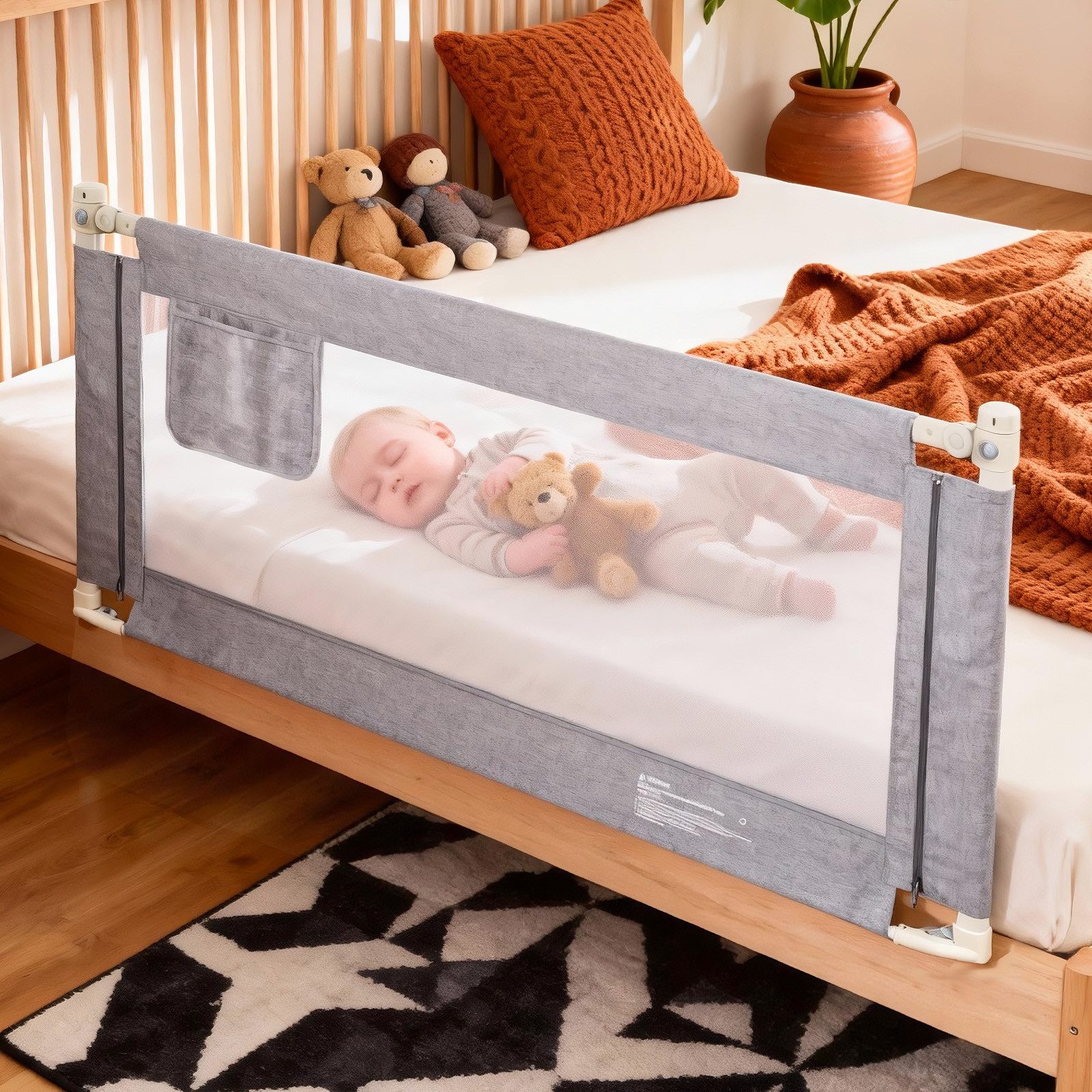Huracan Bettschutzgitter Bettgitter Baby 150/180/200cm, Höhenverstellbarer (Rausfallschutz Bett für Boxspringbett, Elternbett, vertikales Heben, 1 St., Bettschutzgitter für Babys Kinder), Klappbar Kinderbettgitter mit Befestigungsband