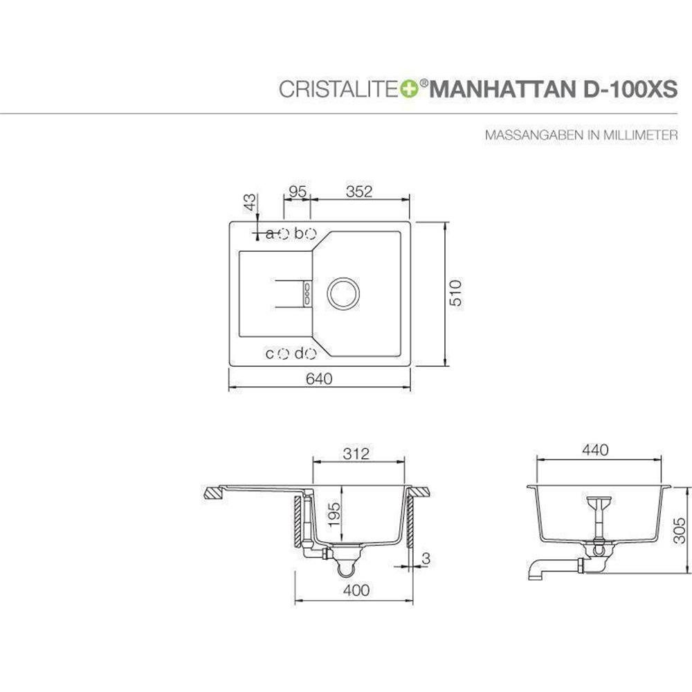Manhattan Unterbauspüle D-100 Schock Cristalite Schock Granitspüle cm GAS 64/51 Asphalt XS U,