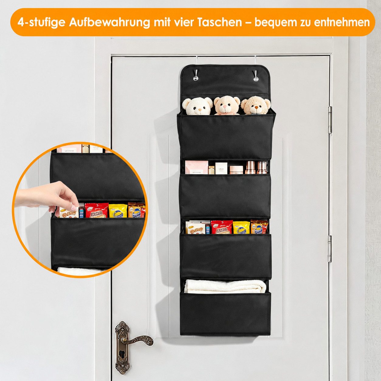 BlingBin Hängeaufbewahrung Hängeorganizer mit 4 Taschen, Platzsparendes Hängeregal (1er Set, 1 St., 1 x Hängeaufbewahrungstasche + 2 x Haken), Tür-Aufbewahrungs – Bild 4 von 5