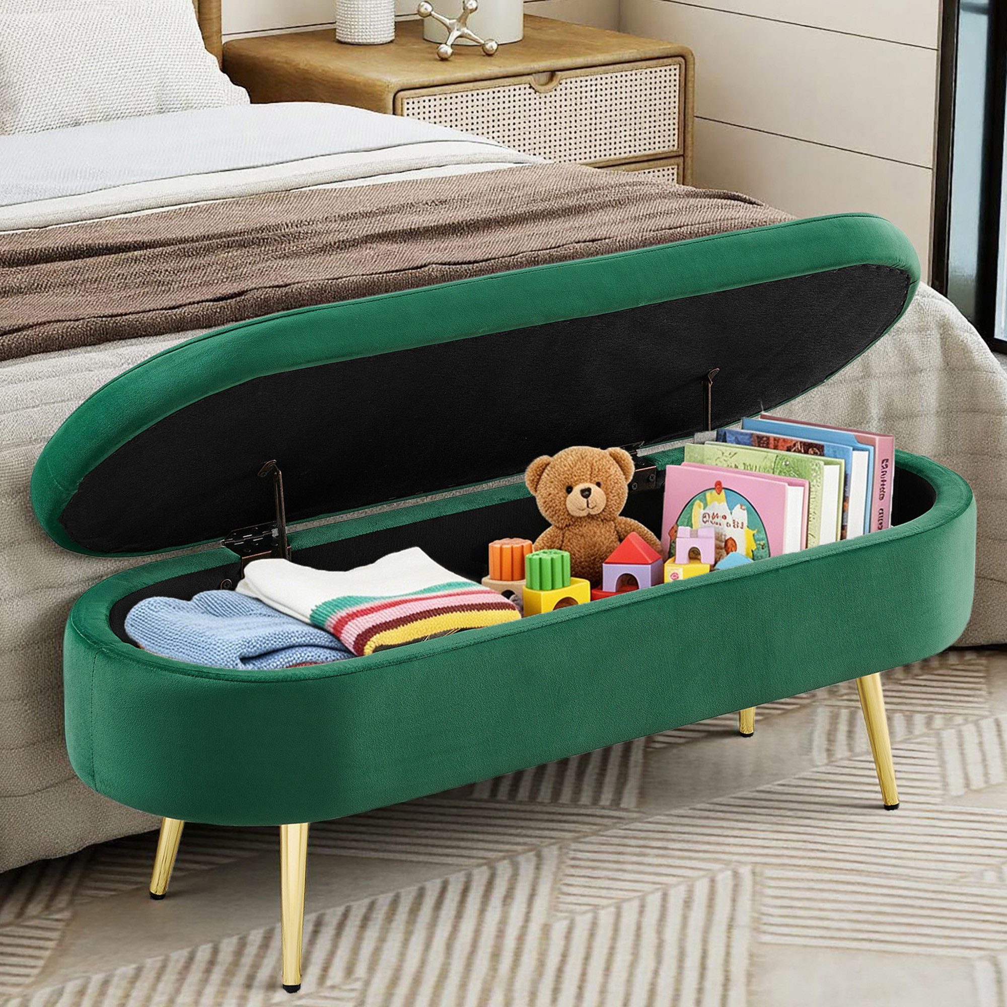 MODFU Polsterbank 20L Stauraum, Holzbeine & Massivholzrahmen (Packung, 1-St., Aufbewahrungsbank 110x40x42 cm, Dunkelgrün, Samt-Stoff), Vielseitige Schuhbank für Flur, Schlaf- & Wohnzimmer