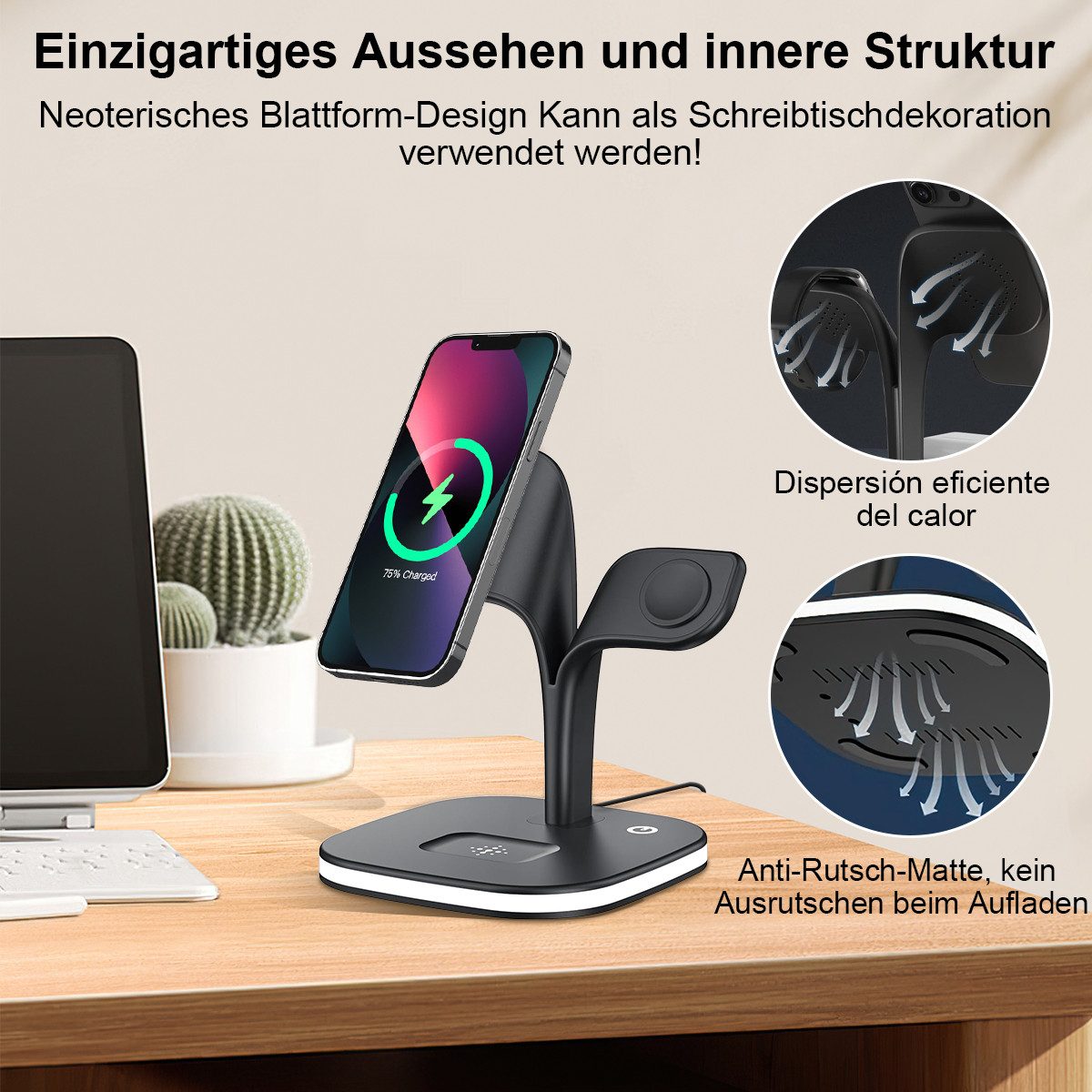 Novzep 4-in-1 Induktive Ladestation mit Nachtlampe, 23w Wireless Charger Induktions-Ladegerät (iPhone 12 13 14 15 16 max plus,AirPods 2/Pro, Apple Watch 2-7/SE, Kabelloses induktives Laden, Wireless Charger für Apple iPhone)