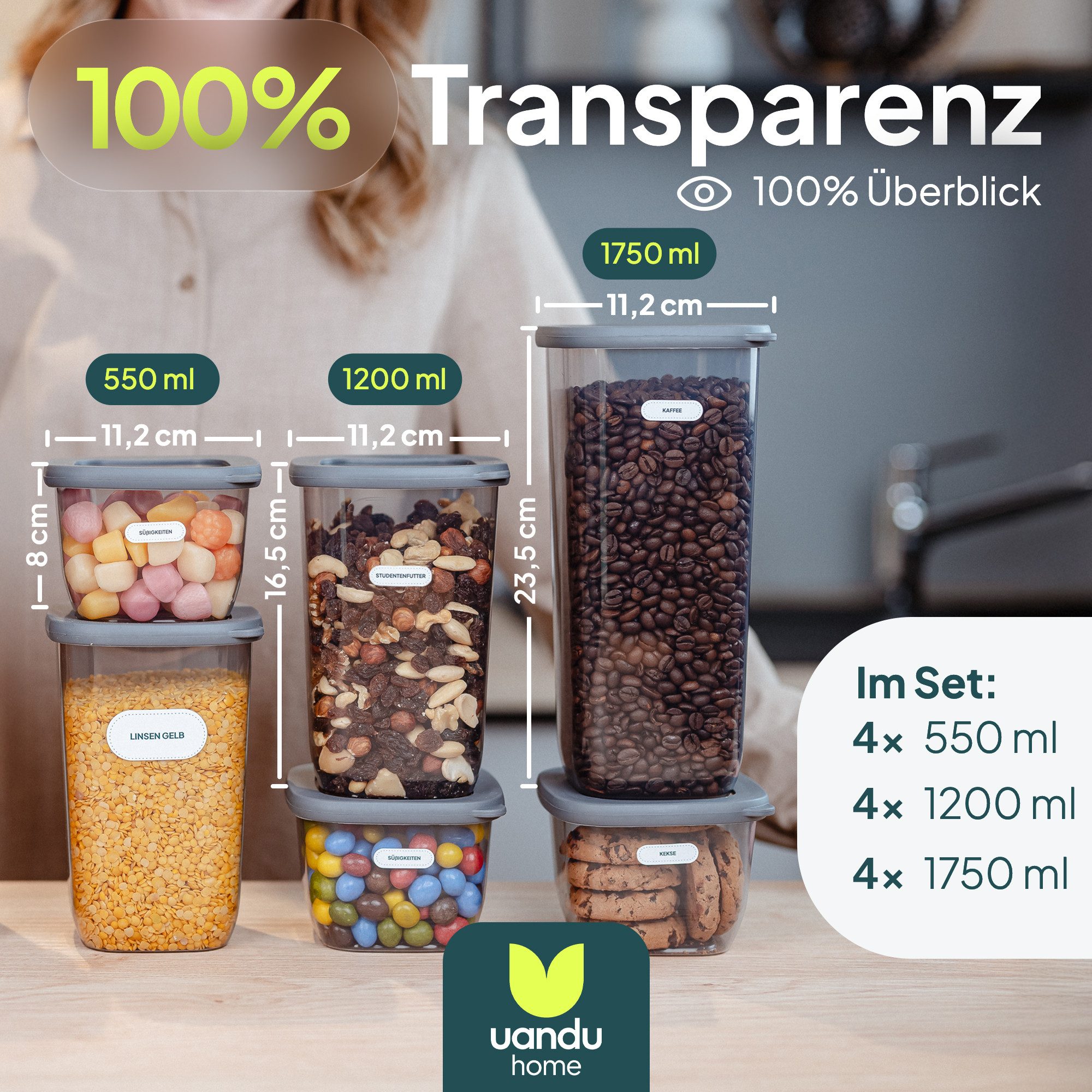 uandu home Vorratsdose Vorratsdosen mit Deckel Luftdicht, Vorratsbehälter Set, BPA Frei, (Vorratsbehälter Set, Aufbewahrungsbox Küche, Luftdichte Aufbewahrungsb – Bild 3 von 5