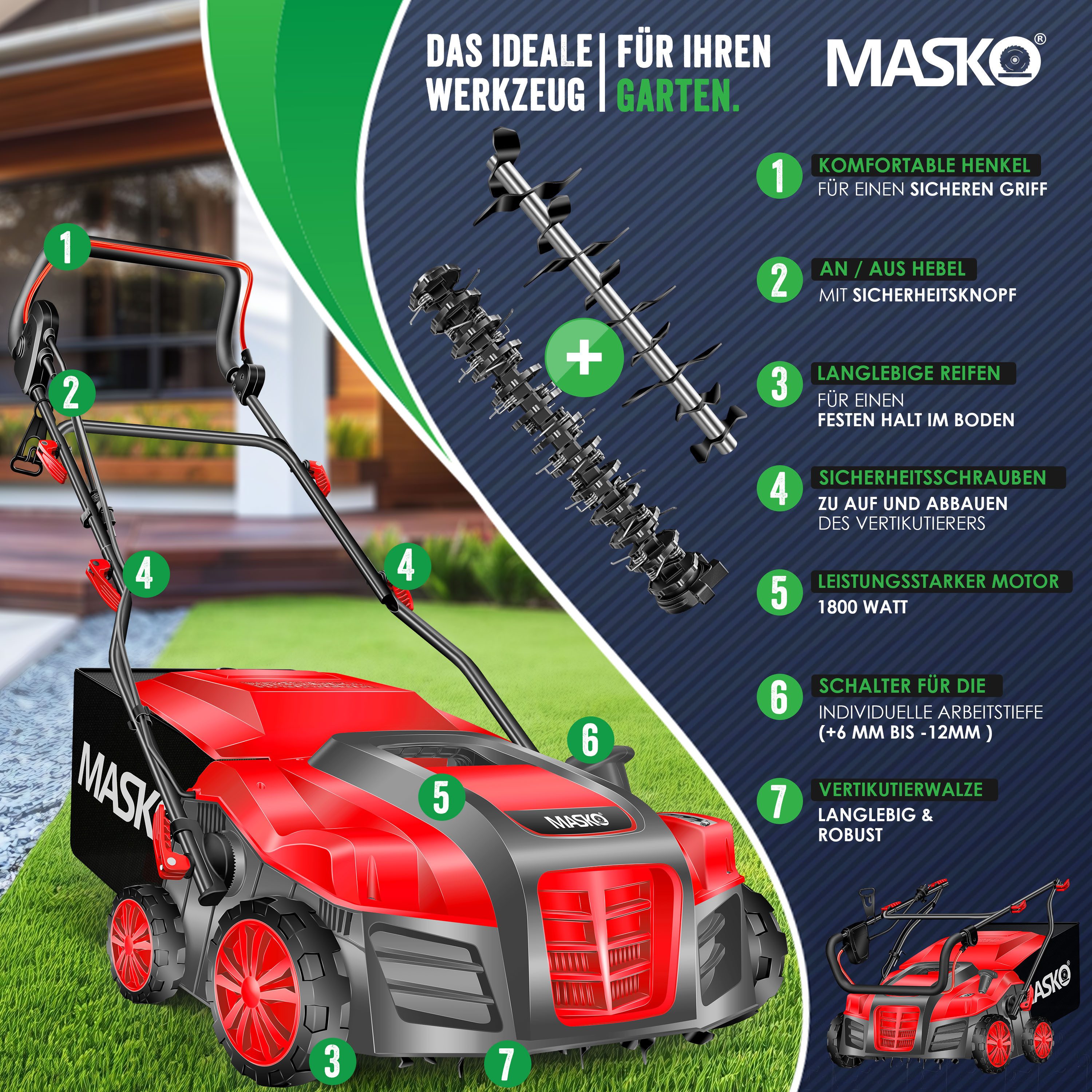 MASKO Elektro-Vertikutierer 2in1 Rasenlüfter 1800W, 5-stufige Arbeitstiefe, 40 cm Arbeitsbreite, Moosentferner mit 55L Fangkorb, 20 Stahlmesser höhenverstellbarer Holm