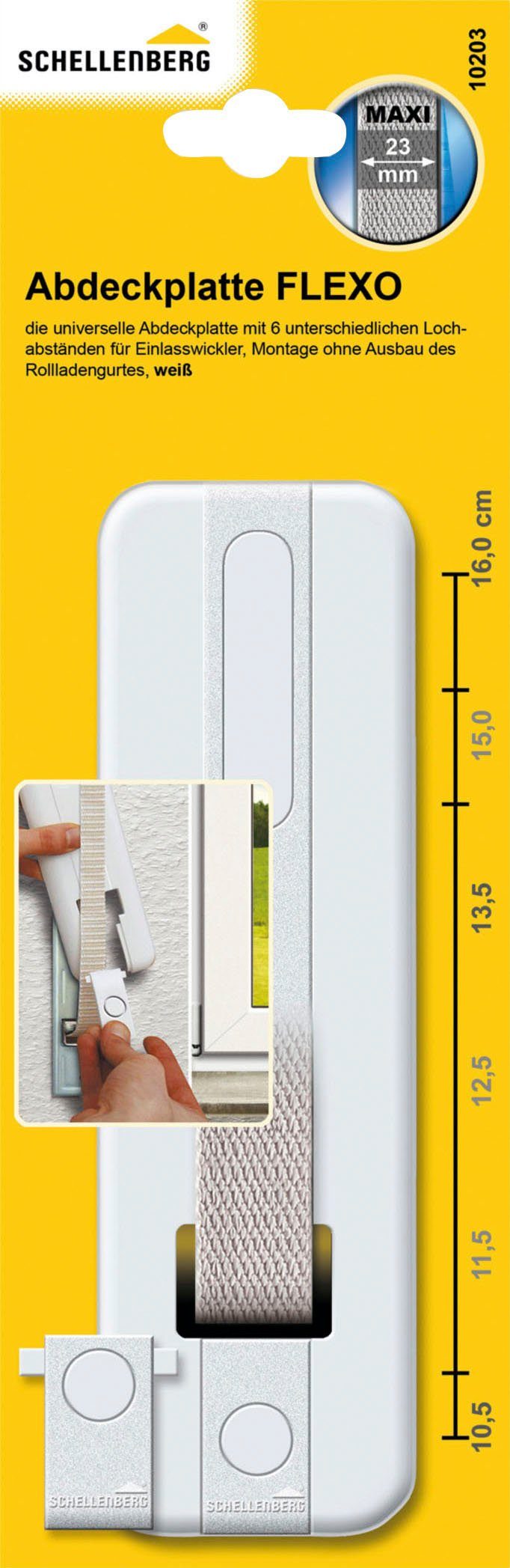 SCHELLENBERG Gurtwickler-Abdeckplatte Flexo Maxi, Zubehör für Einlassgurtwickler, Rollladengurtabdeckung Lochabstand 10,5 bis 16 cm