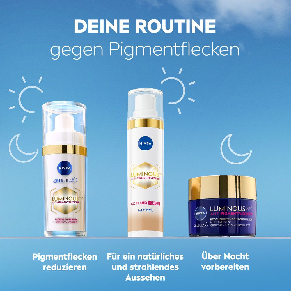 Nivea Gesichtsfluid LUMINOUS630 ANTI-PIGMENTFLECKEN CC FLUID 3IN1 MITTEL LSF 30, mit mikroverkapselten Farbpigmenten, für alle Hauttypen
