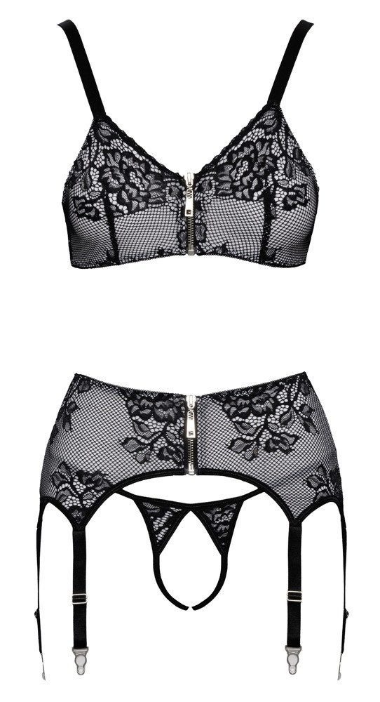 Cottelli Collection Set: Bügelloser BH Dessous-Set: BH, Ouvert-String und Strumpfgürtel (2-tlg) mit Reißverschluss