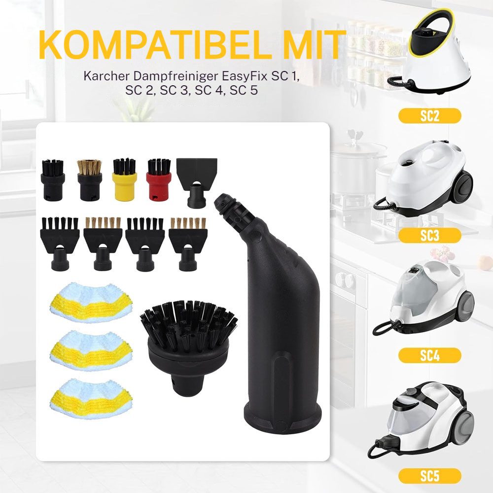 QUBEBU Reinigungsbürsten-Set Dampfreiniger Zubehör, Ersatzteile für Kärcher SC1 SC2 SC3 SC4 SC5, (1x schwarze verlängerte Düse; 1x Reinigungsbürste mit Abstreifer, 3x Nylon Rundbürste; 1x Kupferdraht Rundbürste; 1x große Rundbürste), 2x Flachfugenbürste aus Nylon; 2x Kupferdraht-Flachfugenbürste