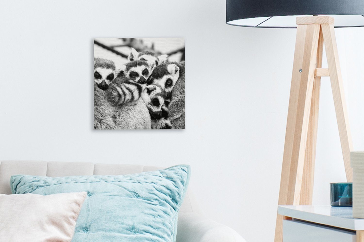 OneMillionCanvasses® Leinwandbild Fünf für (1 Ringelschwanzmakis St), liegen und Bilder nebeneinander schwarz, Wohnzimmer Leinwand schlafen Schlafzimmer 