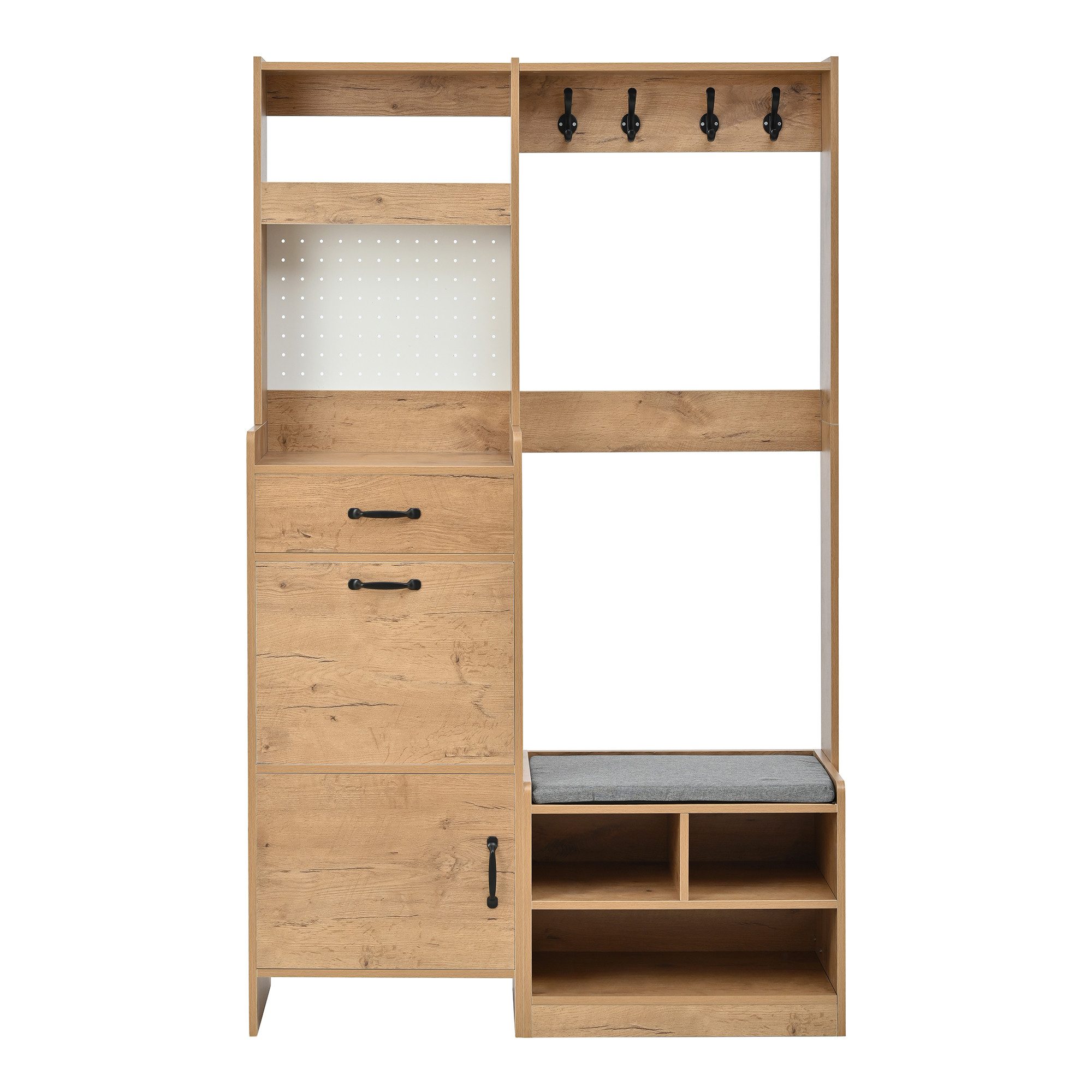 Flieks Garderoben-Set mit Schuhschrank, Sitzbank, 4 Haken, Pegboard, Klappen & Schubladen, (B108,5xT35xH180 cm, 1-St., Holzoptik), Garderobenständer mit Schuhre – Bild 4 von 5