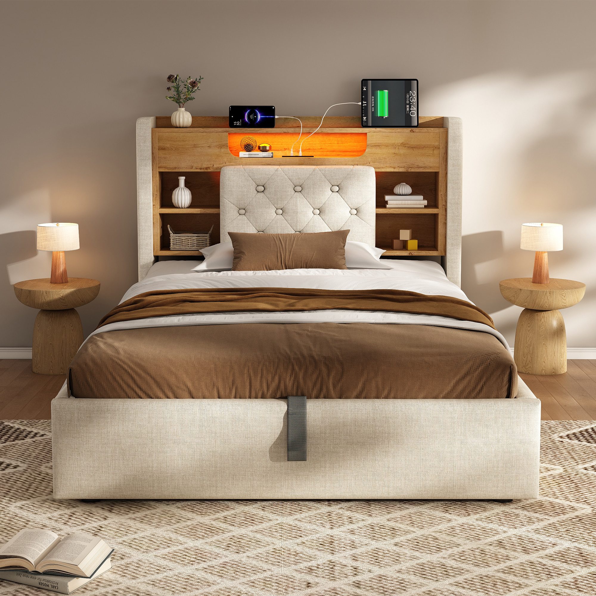 Celya Polsterbett mit Hydraulischem Bettkasten und LED Beleuchtung (Ohne Matratze, mit USB und Type-C Ladefunktion), Kopfteil mit Regal und Stauraum, Leinenstoff