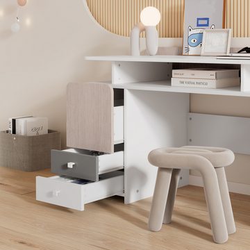 HAUSS SPLOE Holzbett Schreibtisch mit drei Schubladen MDF, Weiß, helle Ulmefarbe, Grau (Schubladen mit leisen Gleitern), mit einem Zwischengeschoss, MDF