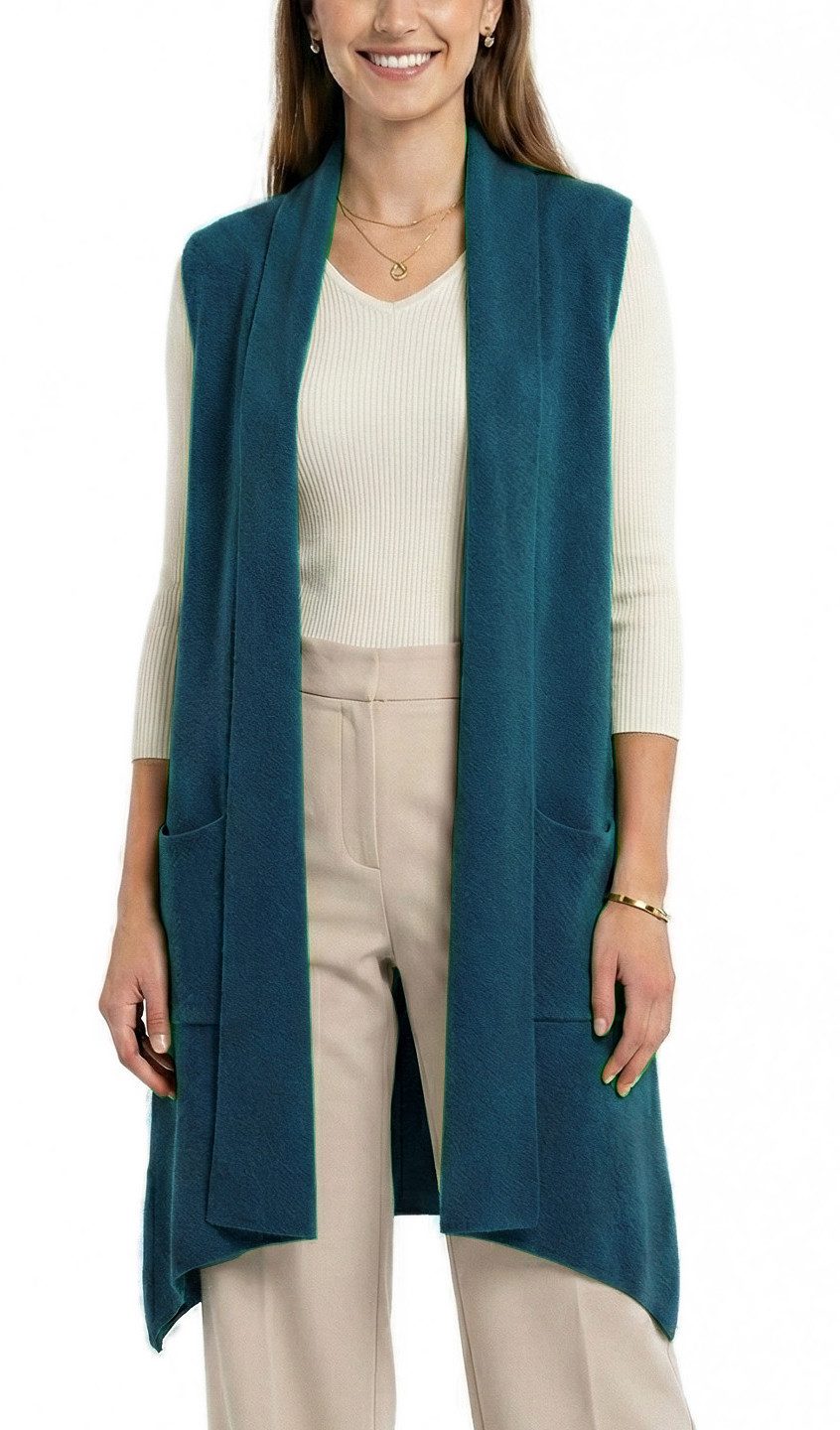 dy_mode Longweste Damen Strickweste lang Elegante Weste für die Übergangszeit in Unifarbe, ohne Verschluss, mit Vordertaschen