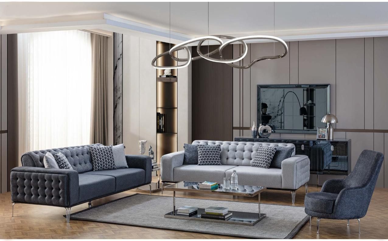 JVmoebel Chesterfield-Sofa Graues Chesterfield-Sofa mit Sessel aus hochwertigem Stoff, 3 Teile, Made in Europa