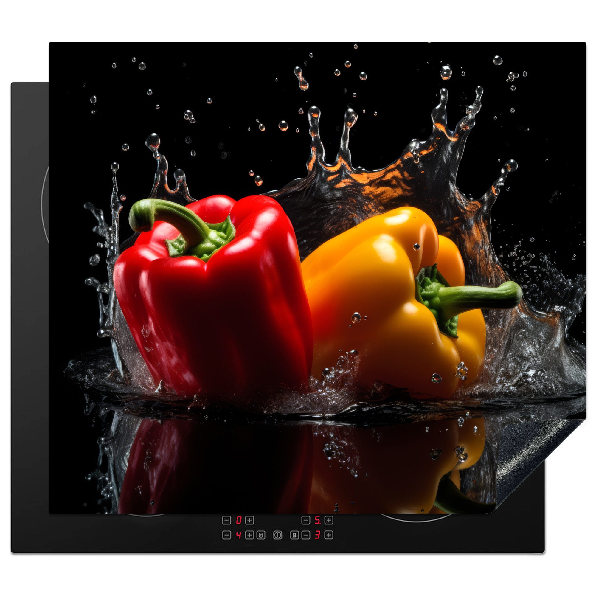 MuchoWow Herd-Abdeckplatte Paprika - Wasser - Schwarz - Gemüse - Rot - Gelb, Vinyl, (1 tlg), Abdeckplatte für Ceranfeld, Herd Inductionsmatte, 57.6x51.6 cm