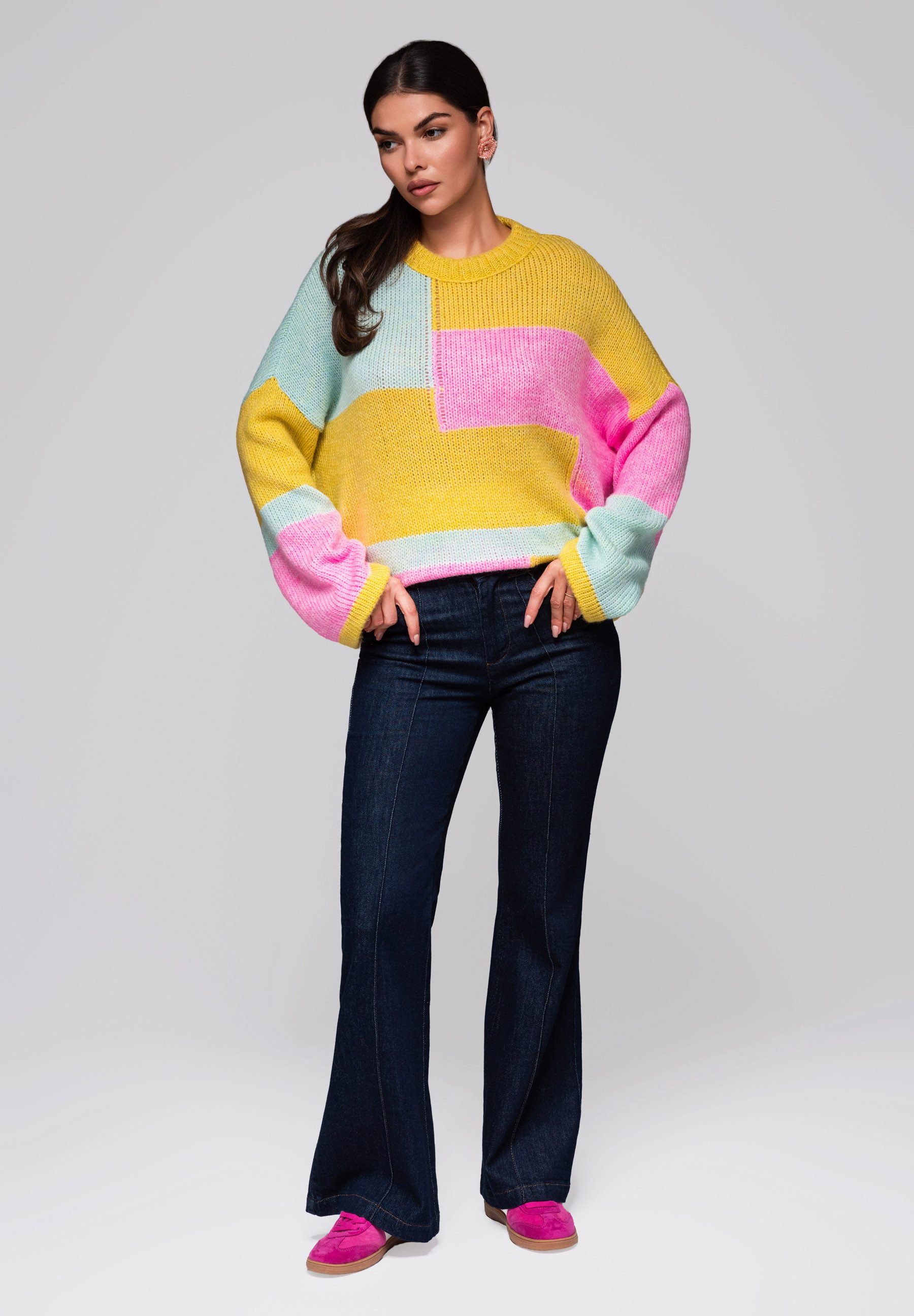 OMBRE Rundhalspullover Farbblock-Pullover mit Pastelltönen