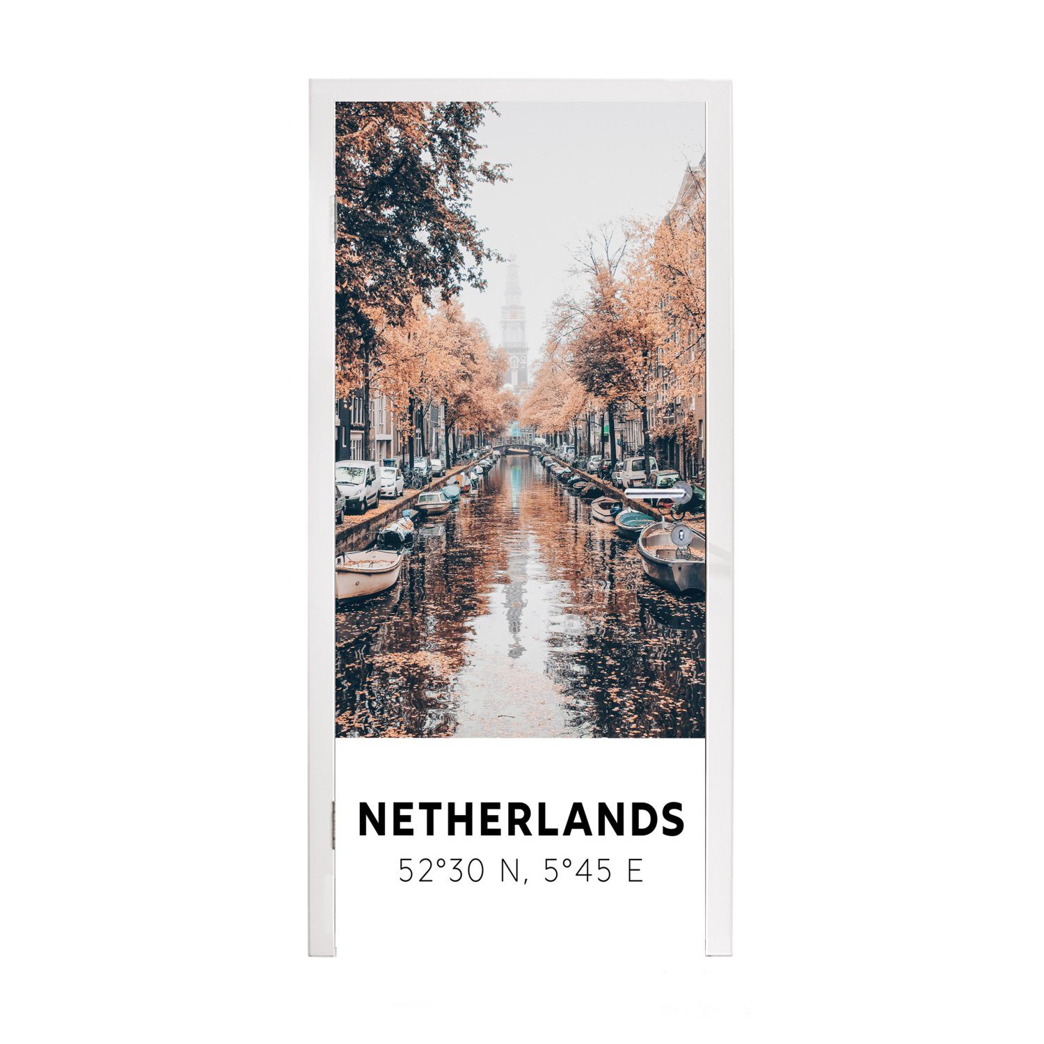 MuchoWow Türtapete Niederlande - Amsterdam - Gracht - Herbst, Matt, bedruckt, (1 St), Fototapete für Tür, Türaufkleber, 75x205 cm