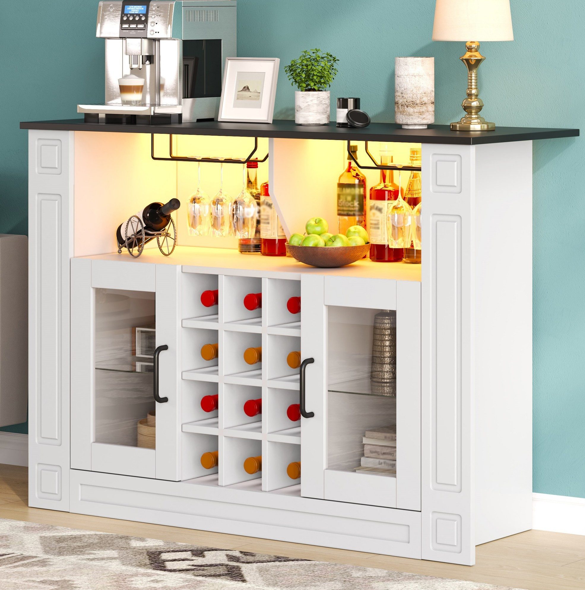 REDOM Weinschrank Weinregal Schrank mit LED Beleuchtung 120×35×84 cm (Packung, 1-St., Barschrank Möbel für Küche Esszimmer und Wohnzimmer) Servierschrank mit Weinhalterung und flexiblen Regalböden