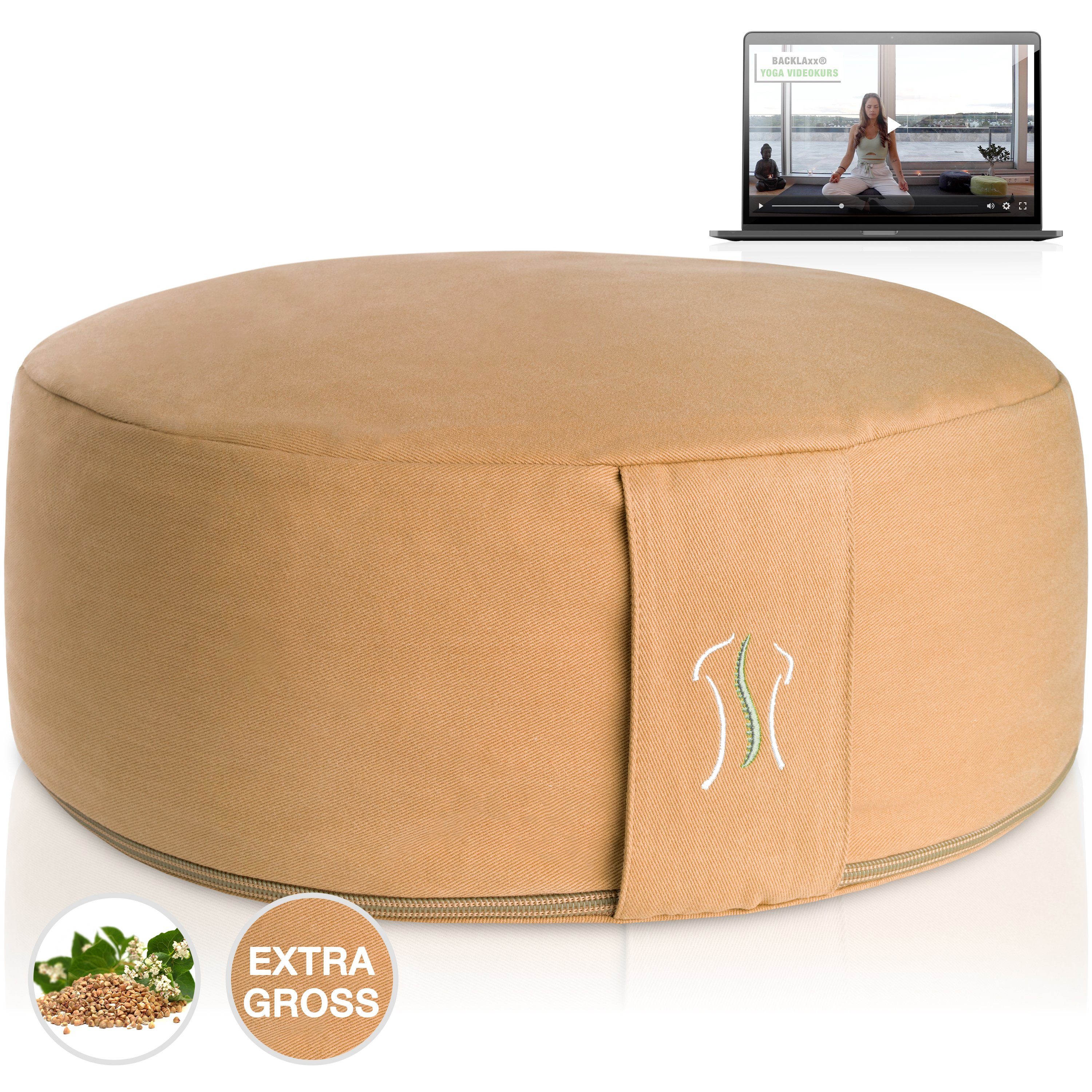 BACKLAxx® Meditationskissen rund 35 cm XL – Yoga Kissen mit formstabiler Buchweizenfüllung, für Meditation & Entspannung – Sitzkissen