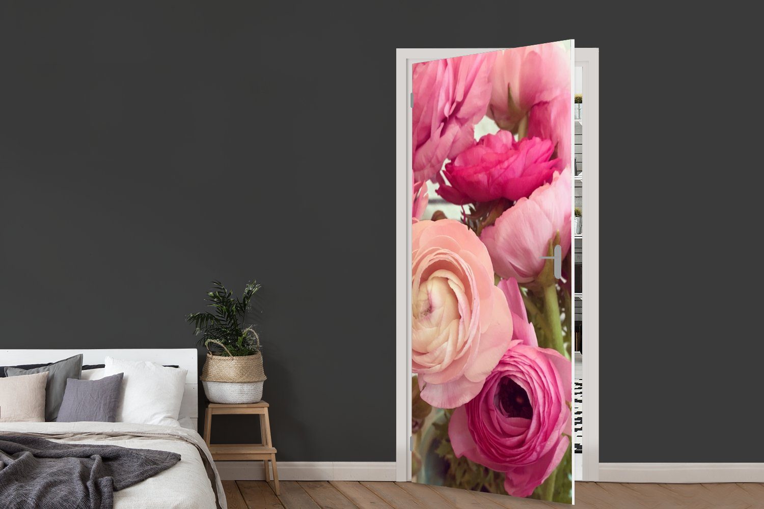 Vase mit Türaufkleber, Eine (1 für 75x205 rosa Butterblumen, cm MuchoWow Türtapete Tür, Matt, bedruckt, St), Fototapete gefüllt