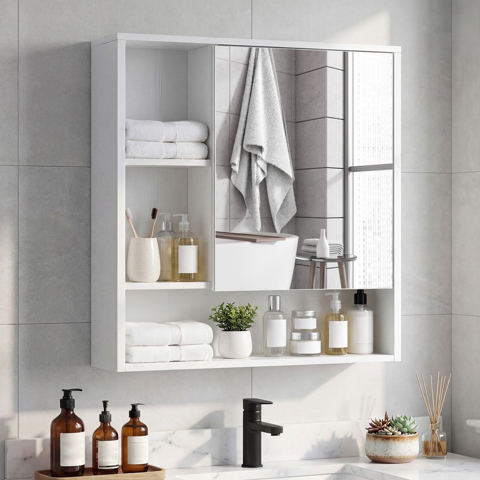 COSTWAY Spiegelschrank Badezimmer mit Spiegeltür & 3 offenen Regalen Hängeschrank